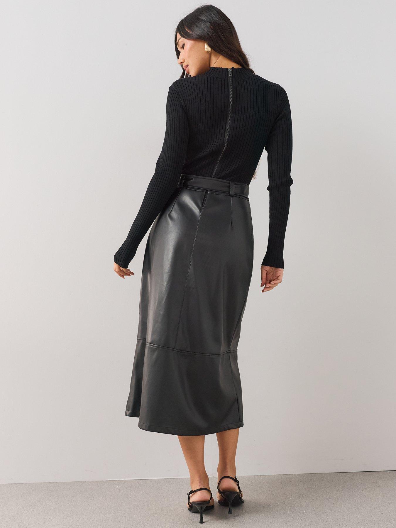 Image 2 of 6 of The Very Collection Womens 2-in-1 Ribbed Faux Leather-Look Midi Dress - Black