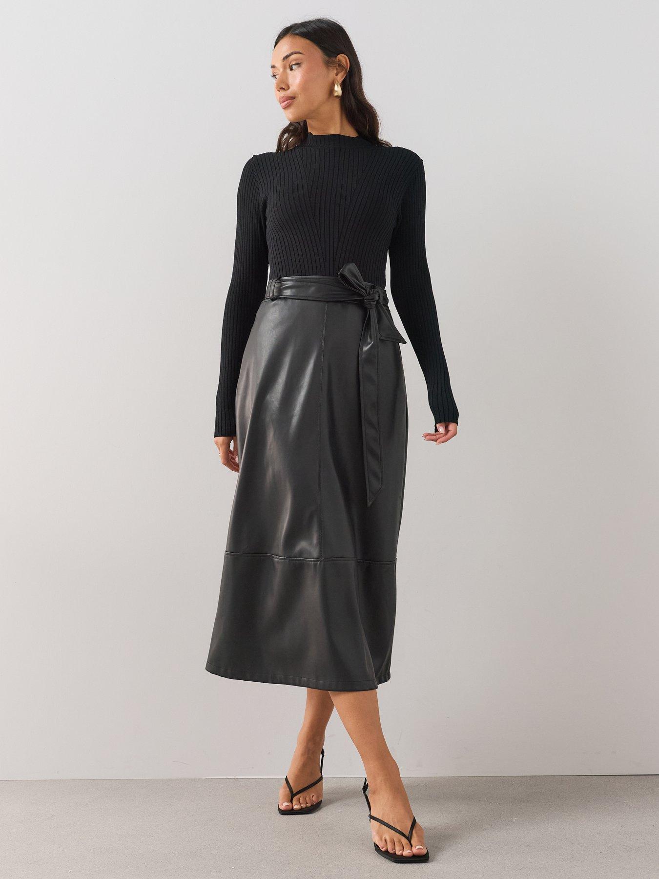 Image 3 of 6 of The Very Collection Womens 2-in-1 Ribbed Faux Leather-Look Midi Dress - Black
