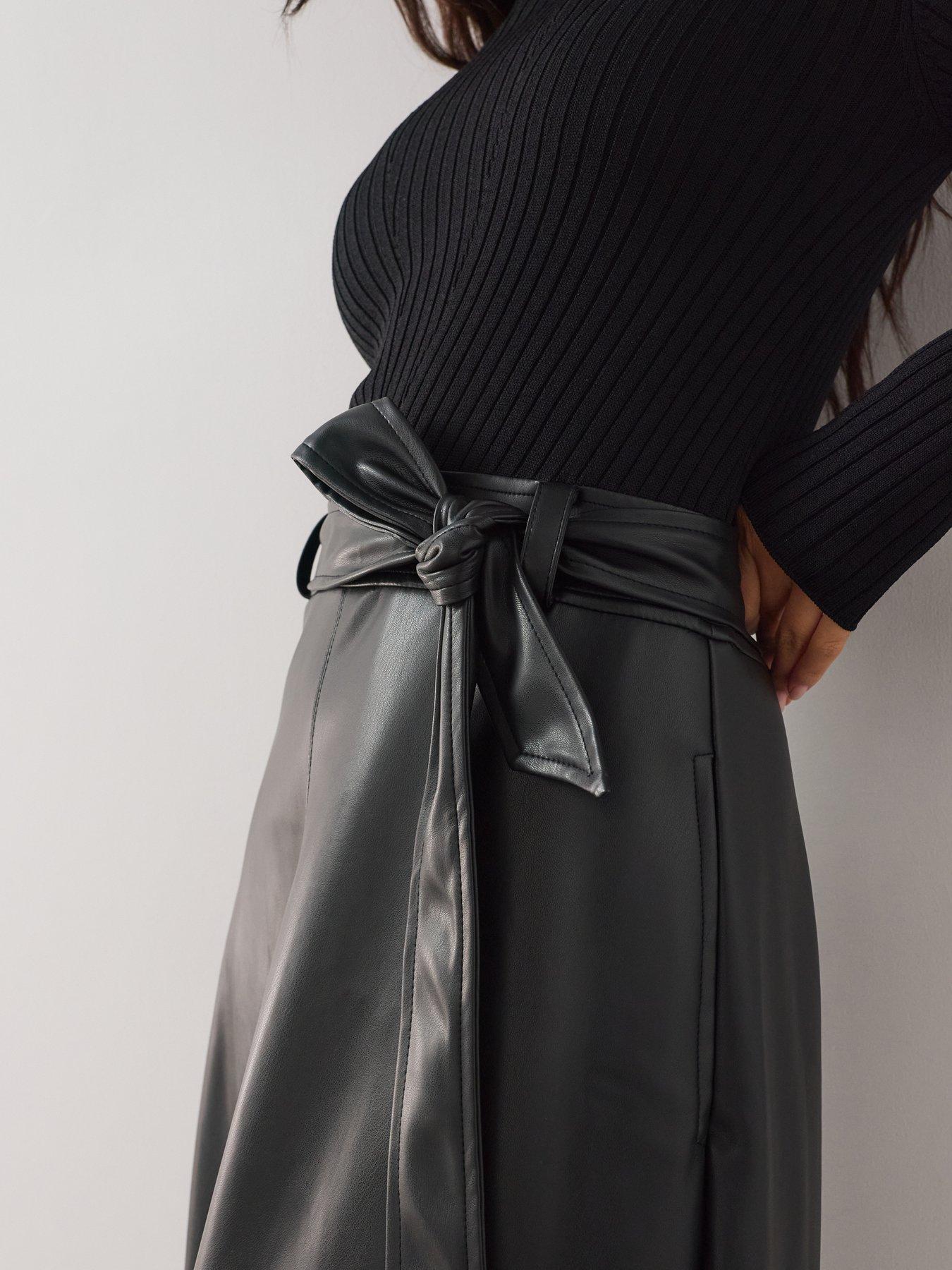 Image 4 of 6 of The Very Collection Womens 2-in-1 Ribbed Faux Leather-Look Midi Dress - Black