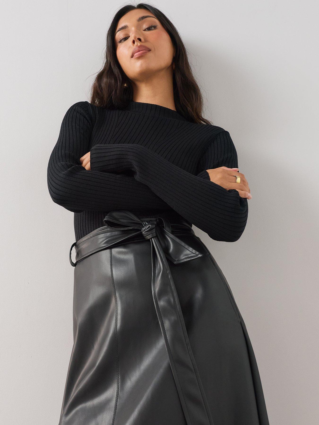 Image 5 of 6 of The Very Collection Womens 2-in-1 Ribbed Faux Leather-Look Midi Dress - Black