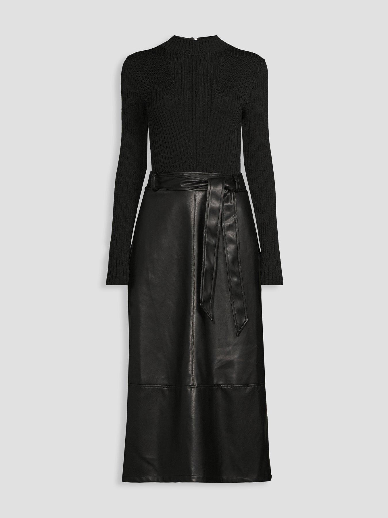 Image 6 of 6 of The Very Collection Womens 2-in-1 Ribbed Faux Leather-Look Midi Dress - Black