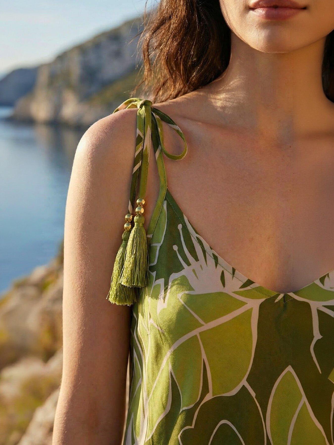 Image 2 of 4 of Roman Dusk Leaf Print Tassel Maxi Dress