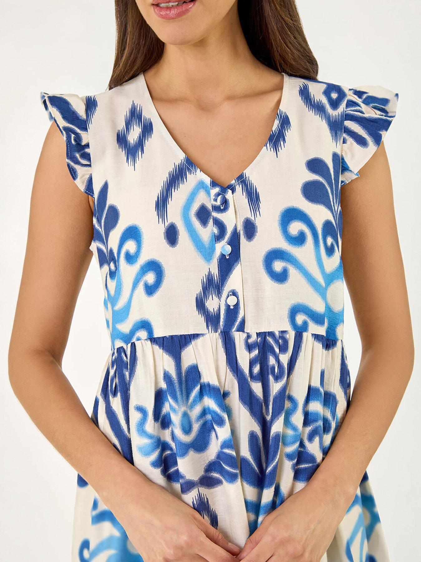 Image 2 of 5 of Roman Abstract Print Frill Detail Midi Dress
