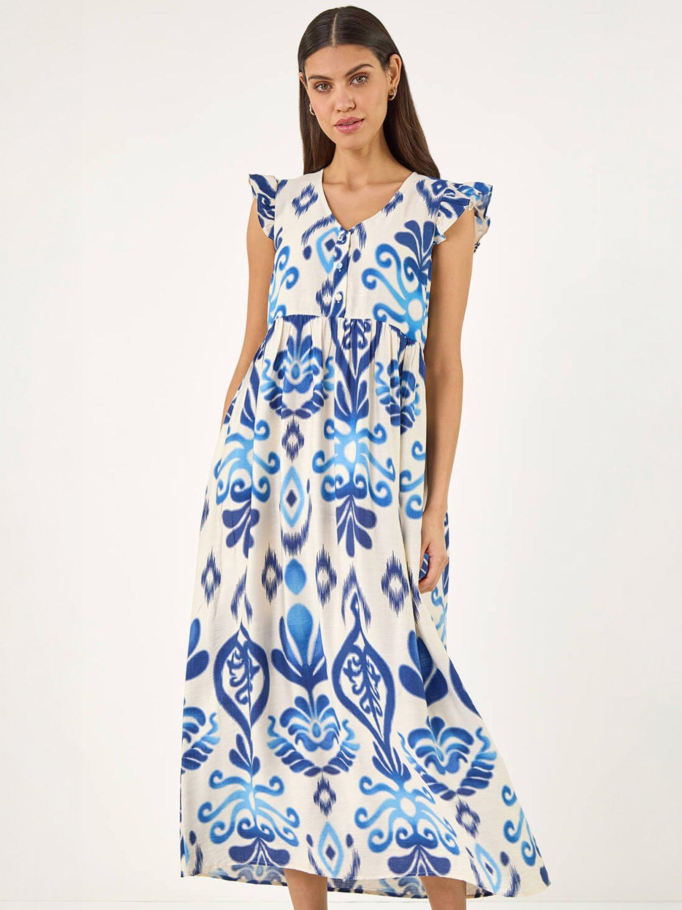 Image 3 of 5 of Roman Abstract Print Frill Detail Midi Dress