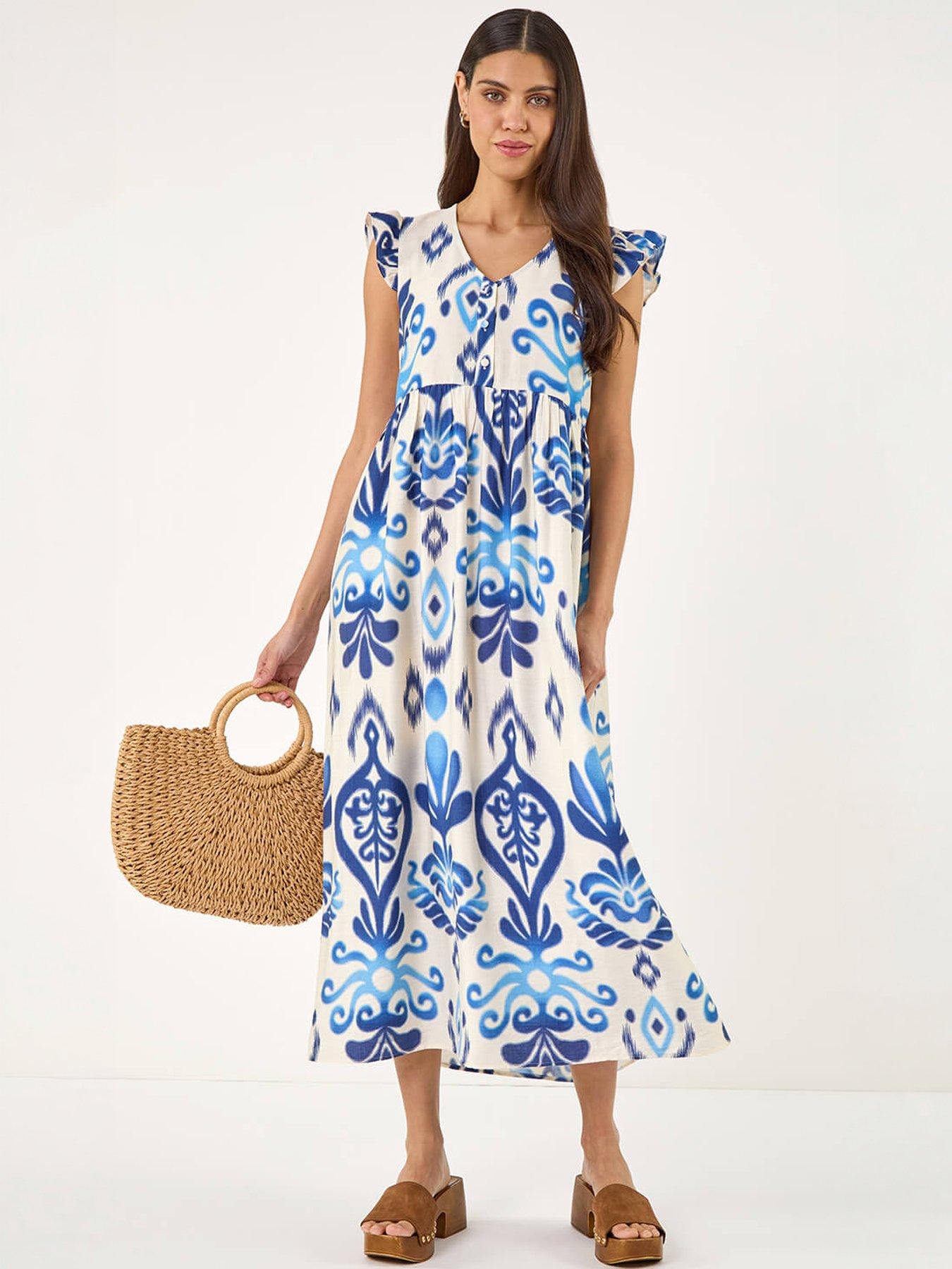 Image 5 of 5 of Roman Abstract Print Frill Detail Midi Dress