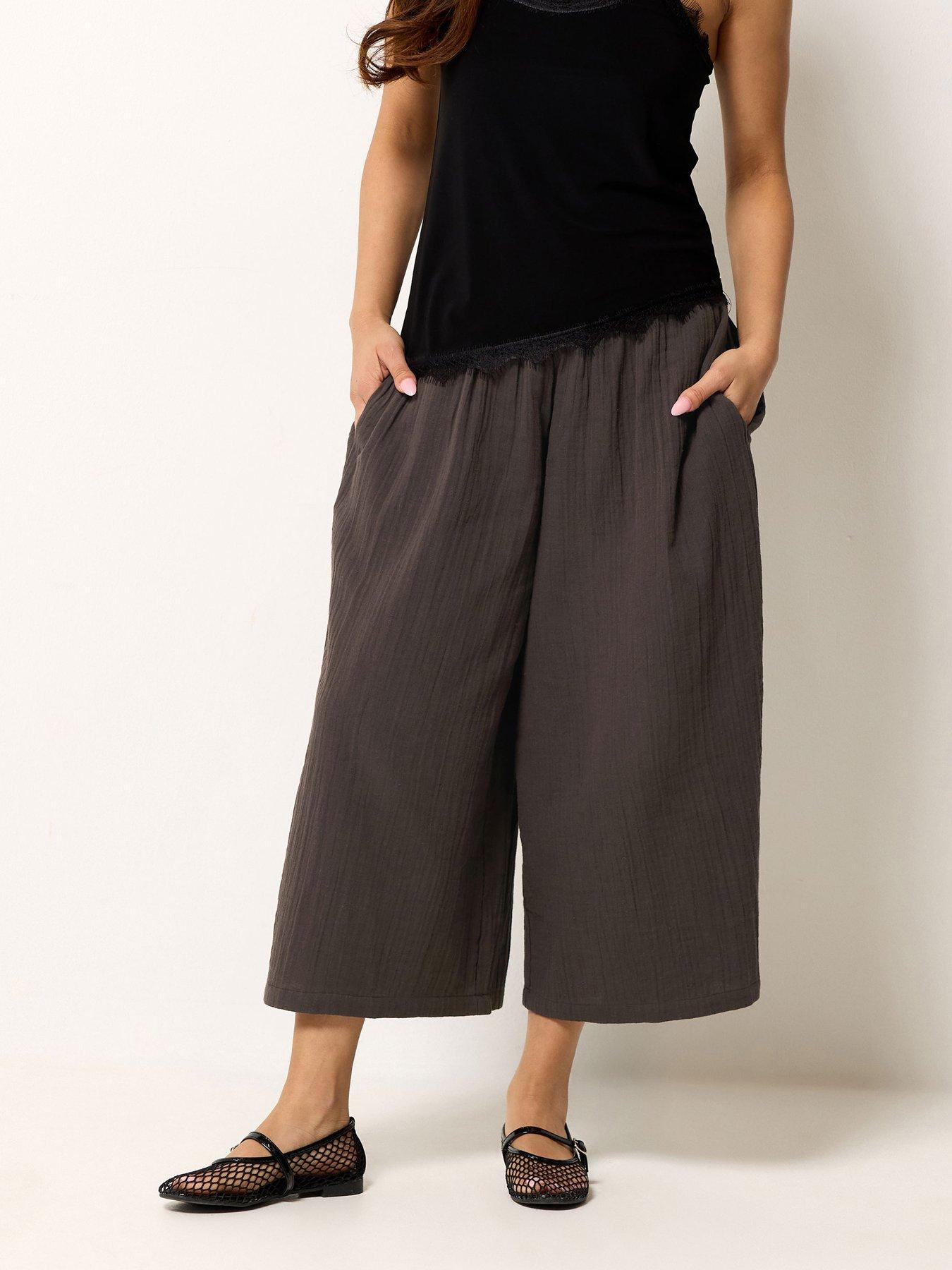 PixieGirl Petite Cheesecloth Wide Leg Crop Culotte - Brown