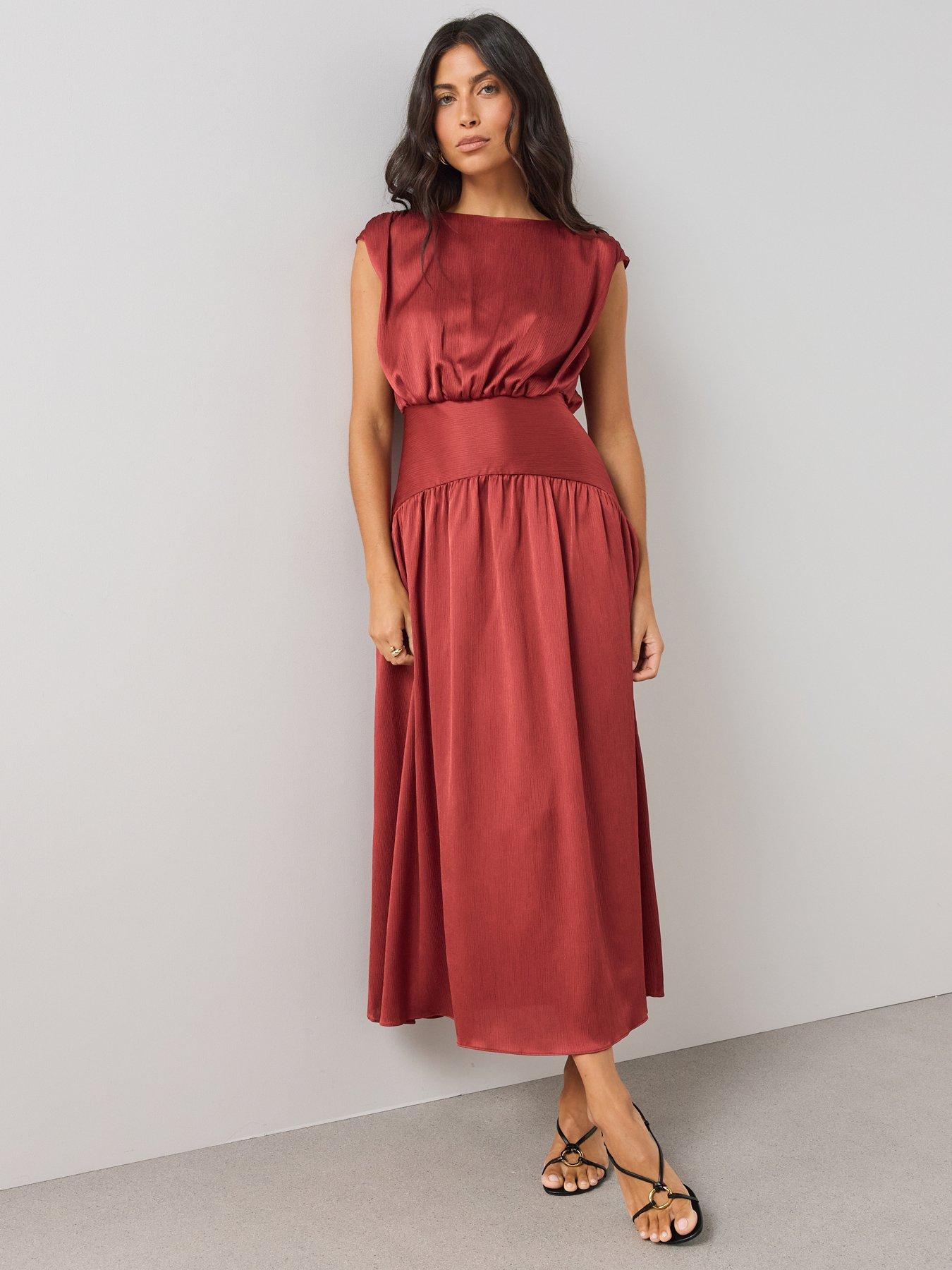 Image 1 of 6 of The Very Collection Womens Pleated Blouson Wide Waistband Midi Dress - Red