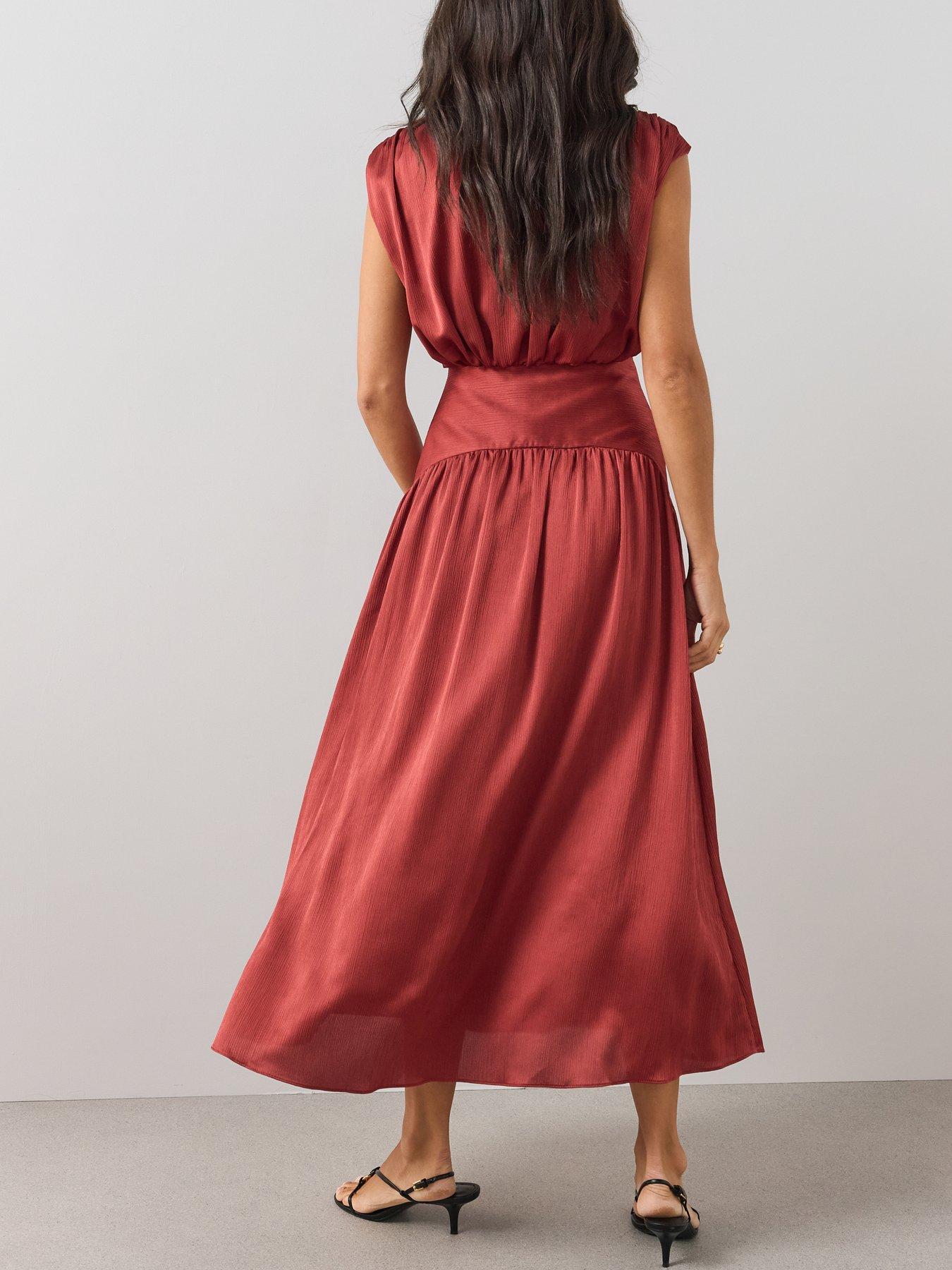 Image 2 of 6 of The Very Collection Womens Pleated Blouson Wide Waistband Midi Dress - Red
