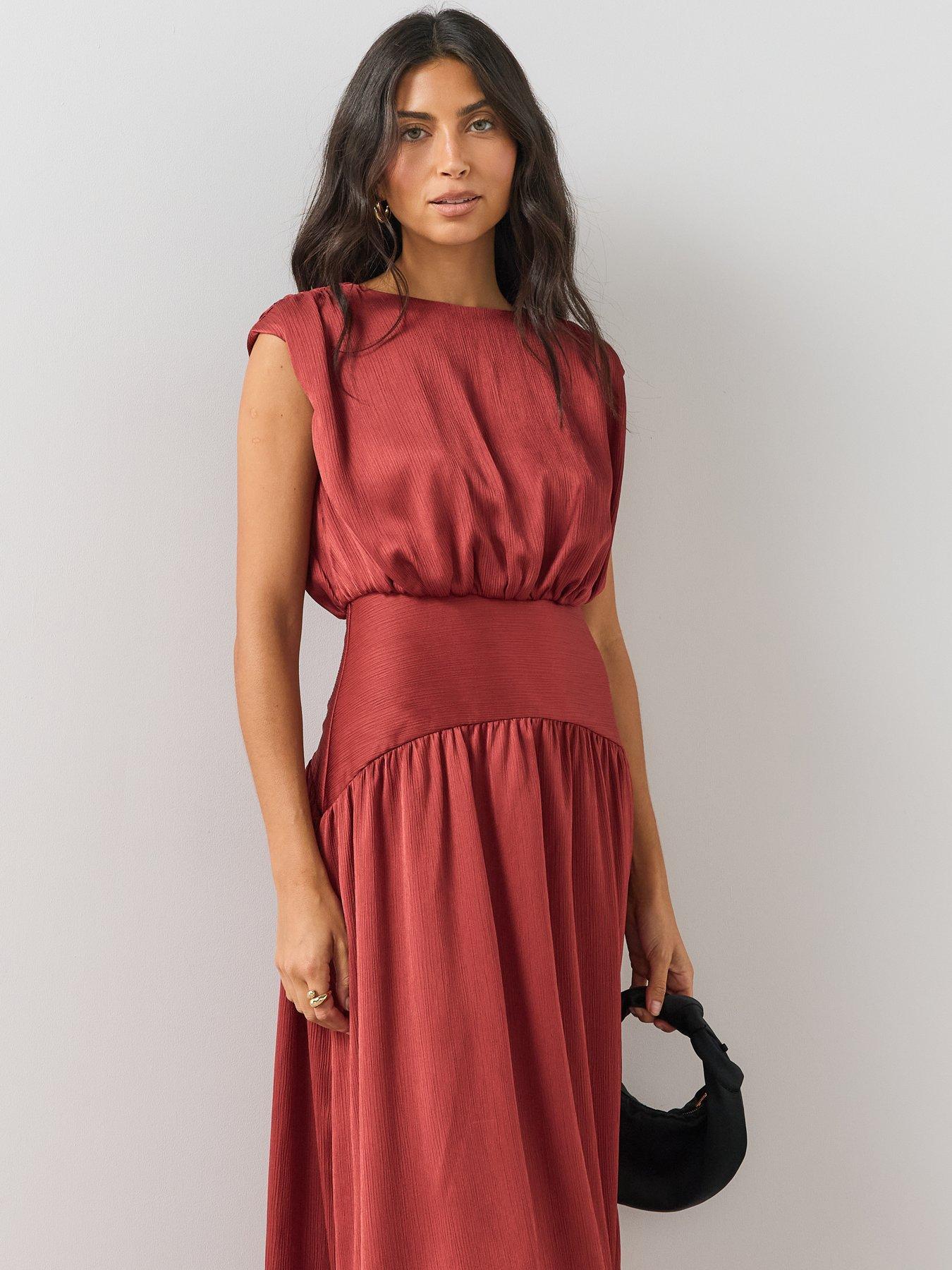 Image 3 of 6 of The Very Collection Womens Pleated Blouson Wide Waistband Midi Dress - Red