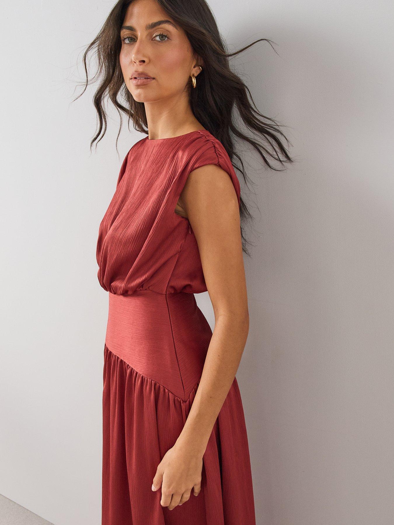 Image 6 of 6 of The Very Collection Womens Pleated Blouson Wide Waistband Midi Dress - Red
