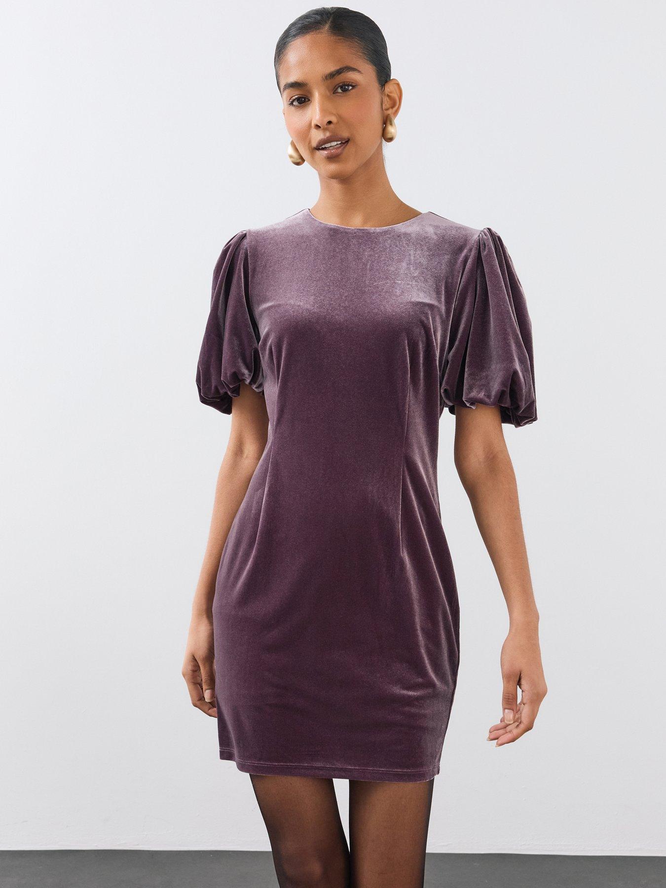 Image 1 of 6 of The Very Collection Womens Velvet Puff Sleeve Mini Dress - Purple