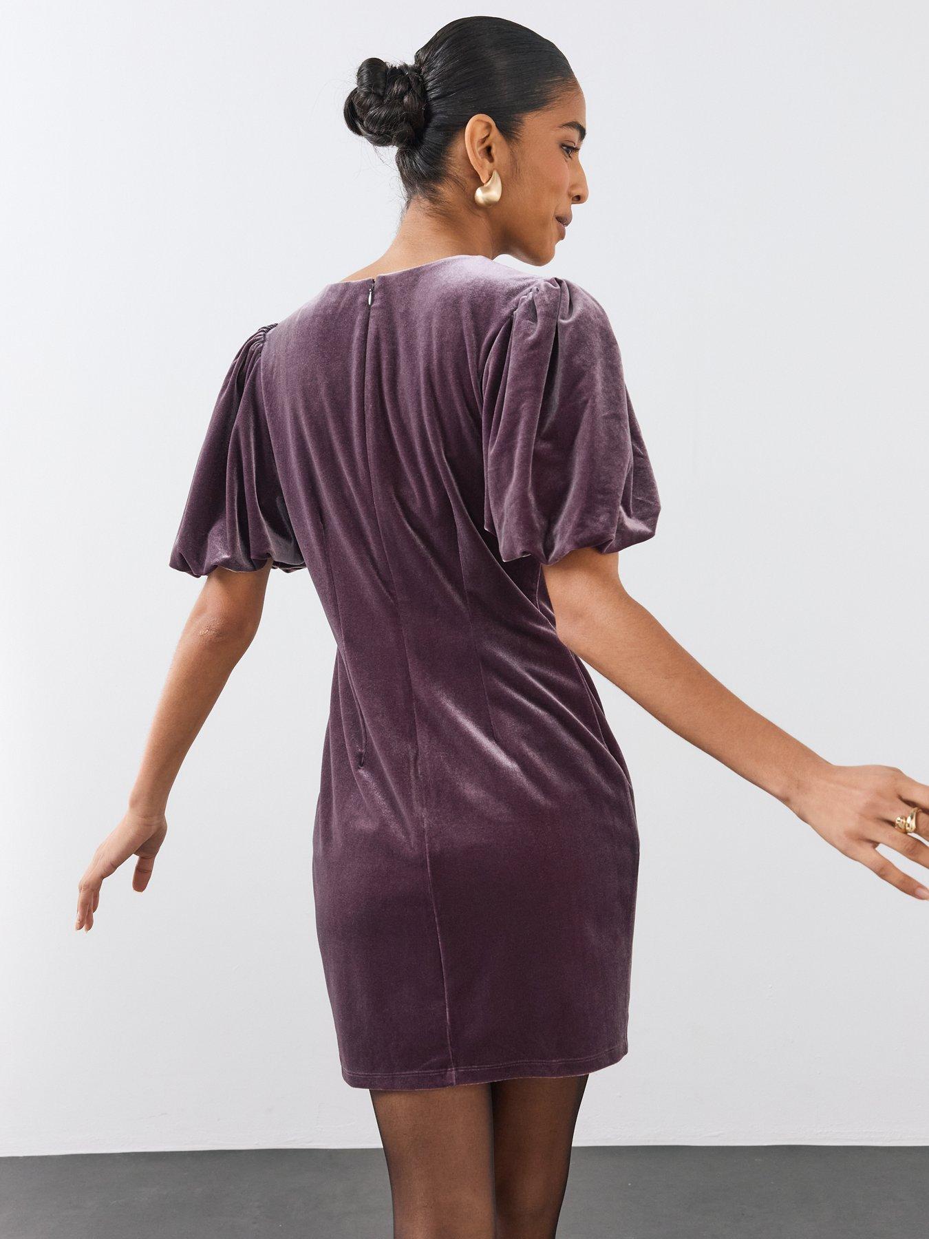 Image 2 of 6 of The Very Collection Womens Velvet Puff Sleeve Mini Dress - Purple