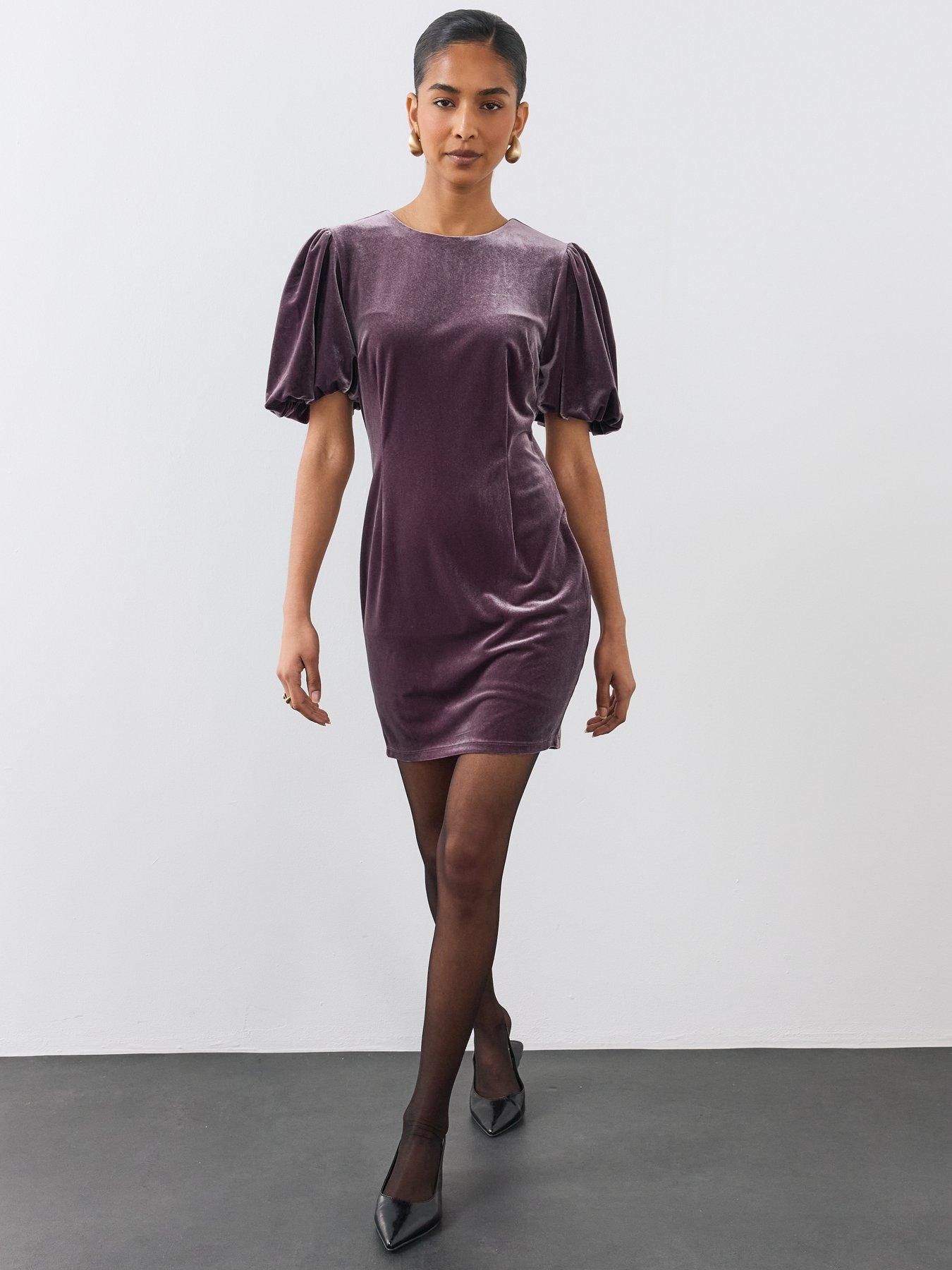 Image 3 of 6 of The Very Collection Womens Velvet Puff Sleeve Mini Dress - Purple