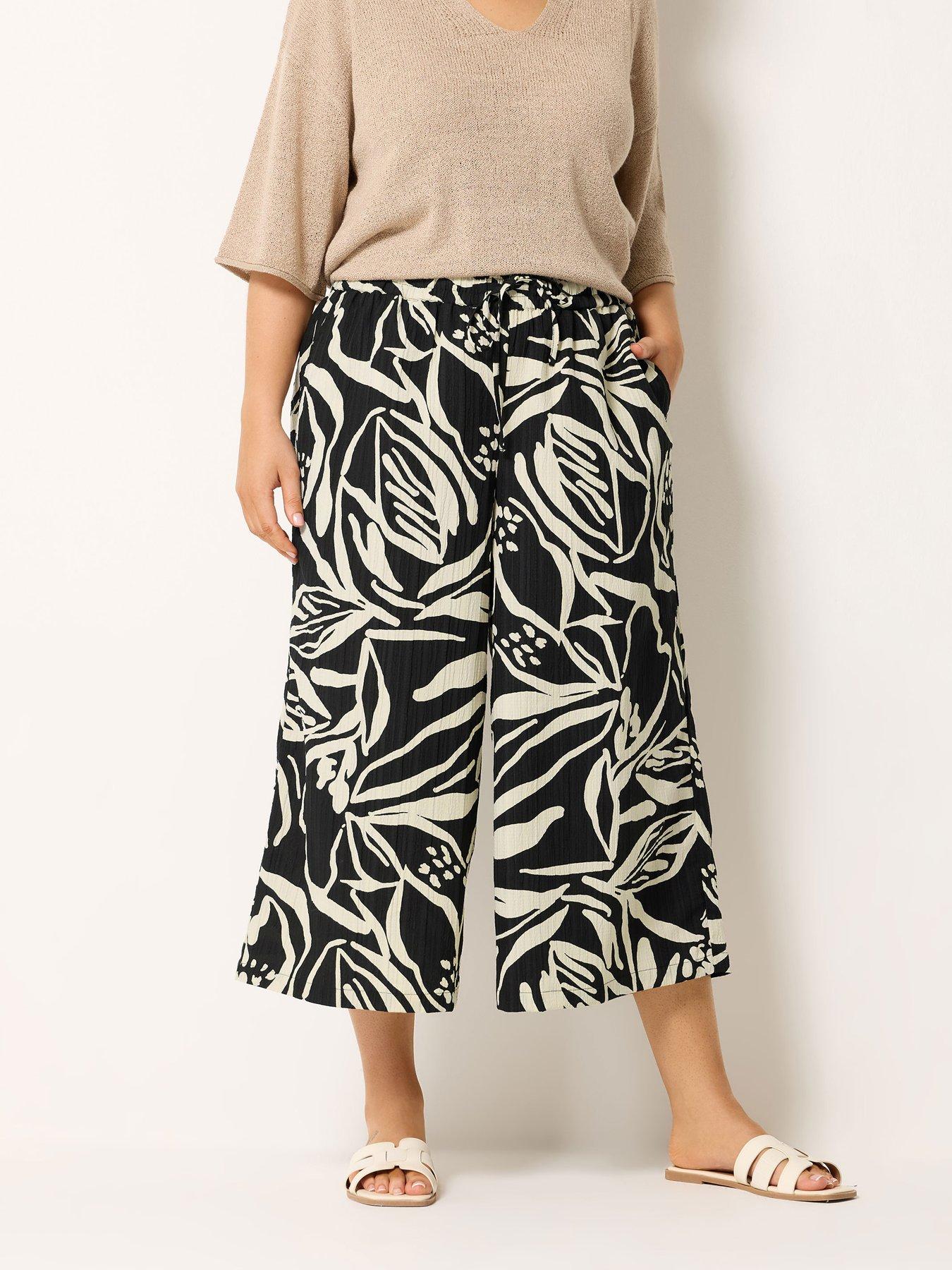 Image 1 of 5 of Yours Curve Pull On Palm Print Crop Trousers - Black
