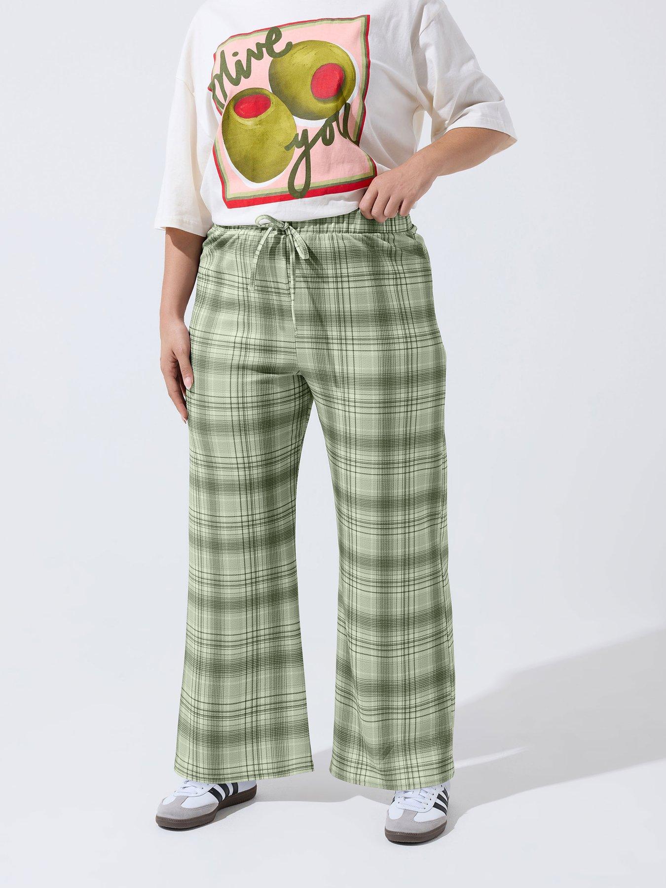 Yours Curve Check Print Wide Leg Trousers - Grey