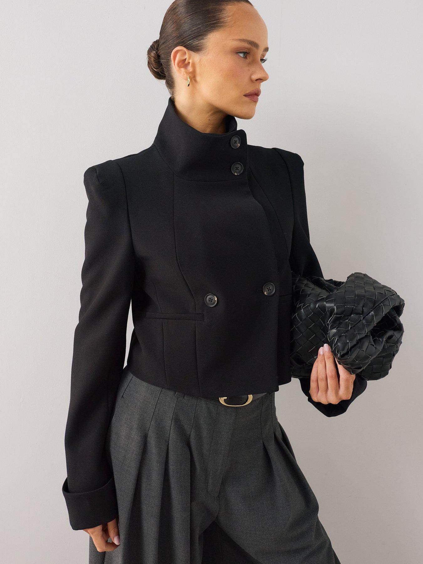 Image 5 of 7 of The Very Collection Women's Funnel Neck Cropped Double-Breasted Jacket - Black