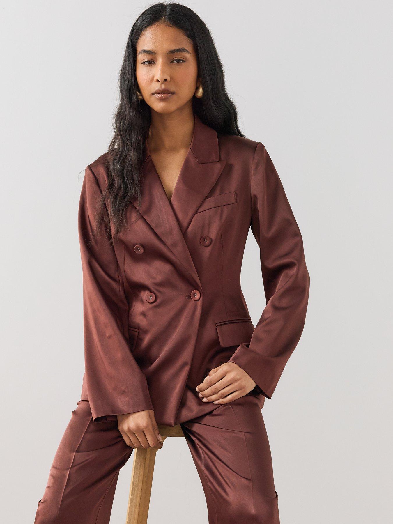 Image 4 of 7 of The Very Collection Women's Satin Double Breasted Suit Jacket - Brown