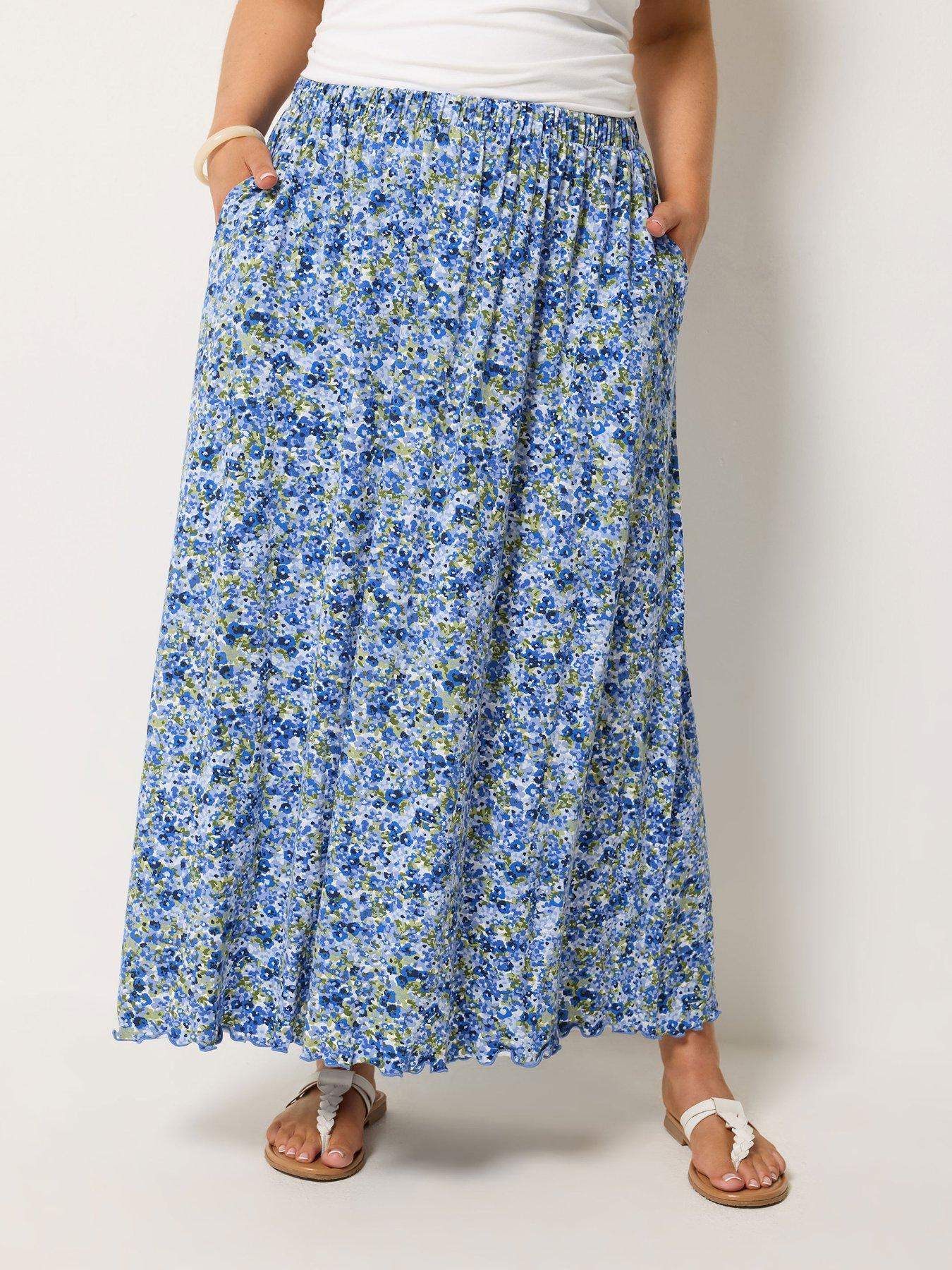 Image 1 of 4 of Yours Curve Ditsy Print Gathered Skirt - Blue