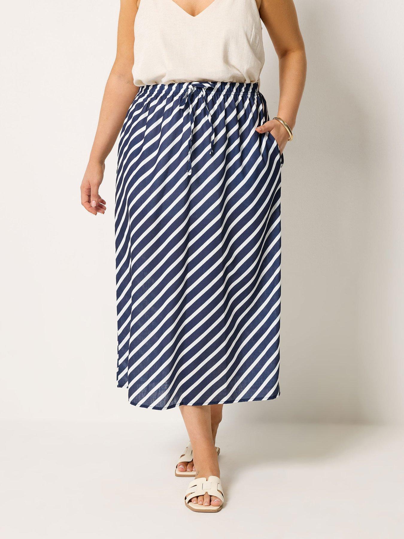 Image 1 of 5 of Yours Curve Linen Look Stripe Skirt - Blue