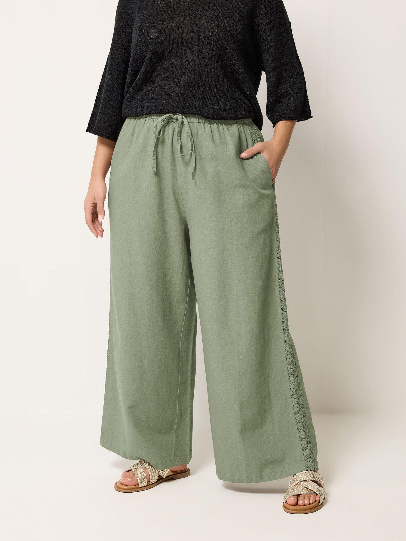 Yours Curve Crochet Side Detail Wide Leg Trouser 28" - Green