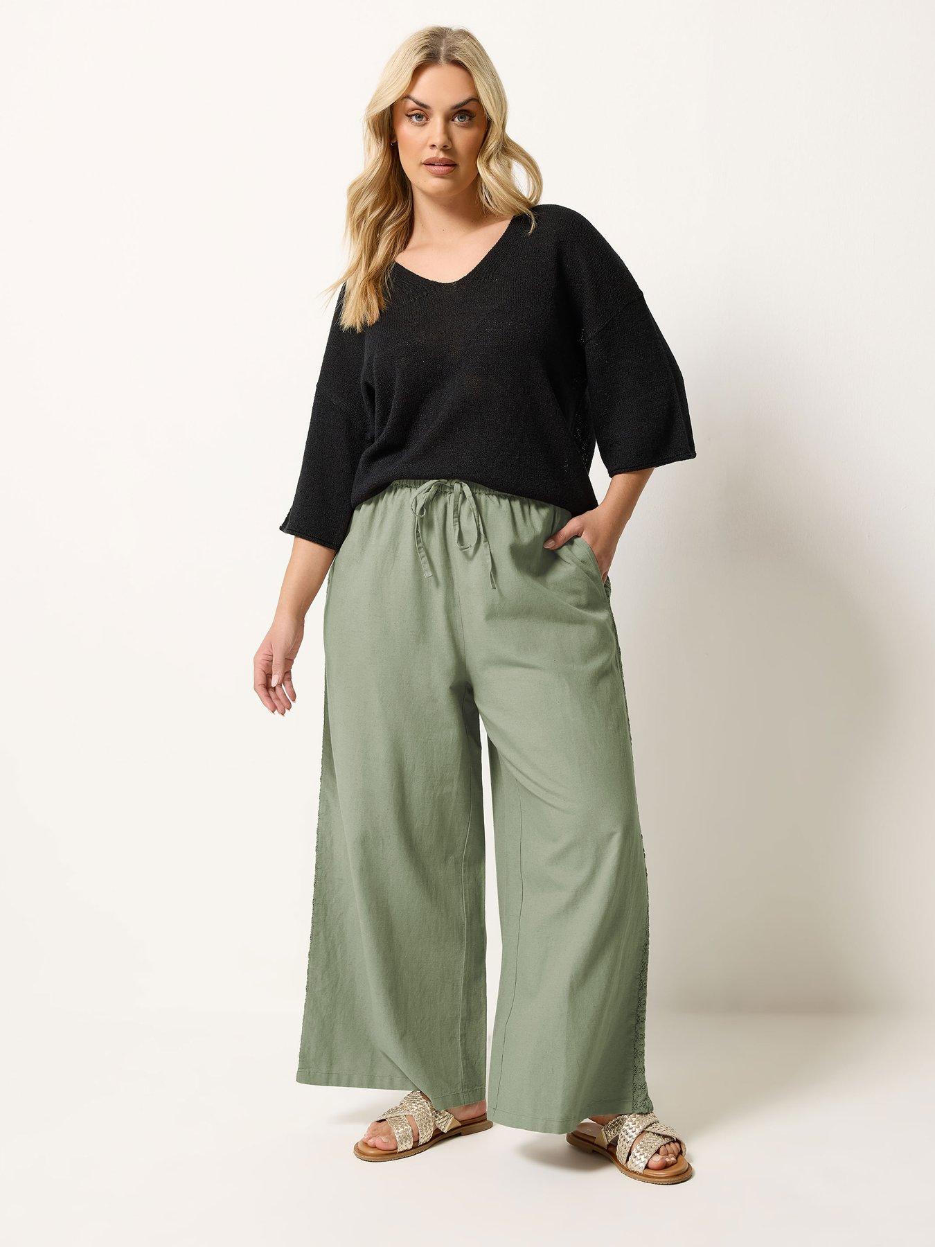 Image 3 of 5 of Yours Curve Crochet Side Detail Wide Leg Trouser 28" - Green