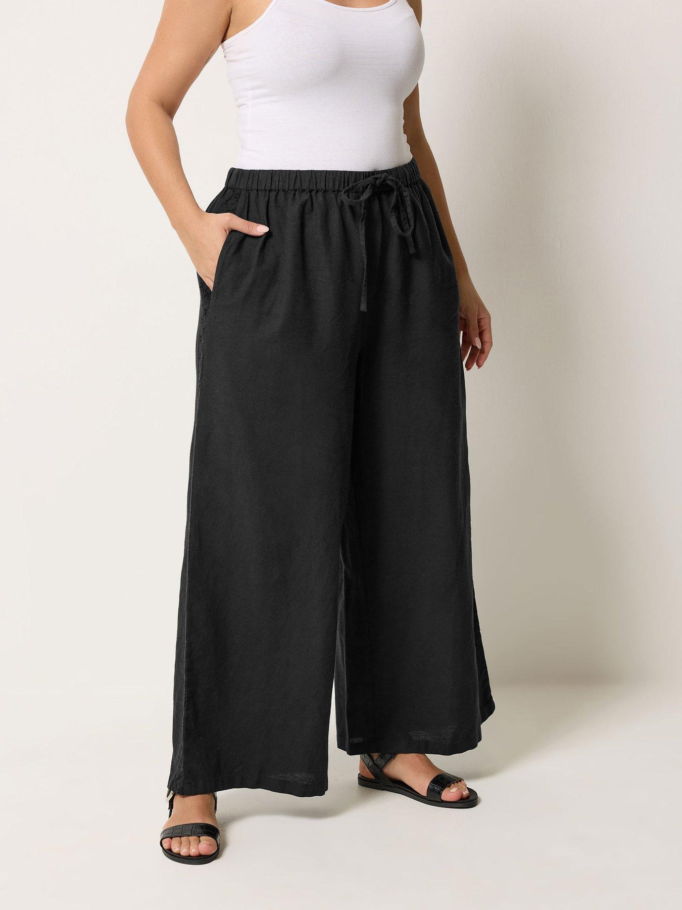 Yours Curve Crochet Detail Linen Trousers - Black