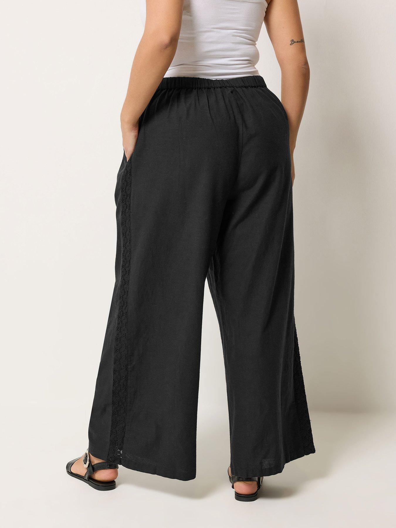 Image 2 of 5 of Yours Curve Crochet Detail Linen Trousers - Black