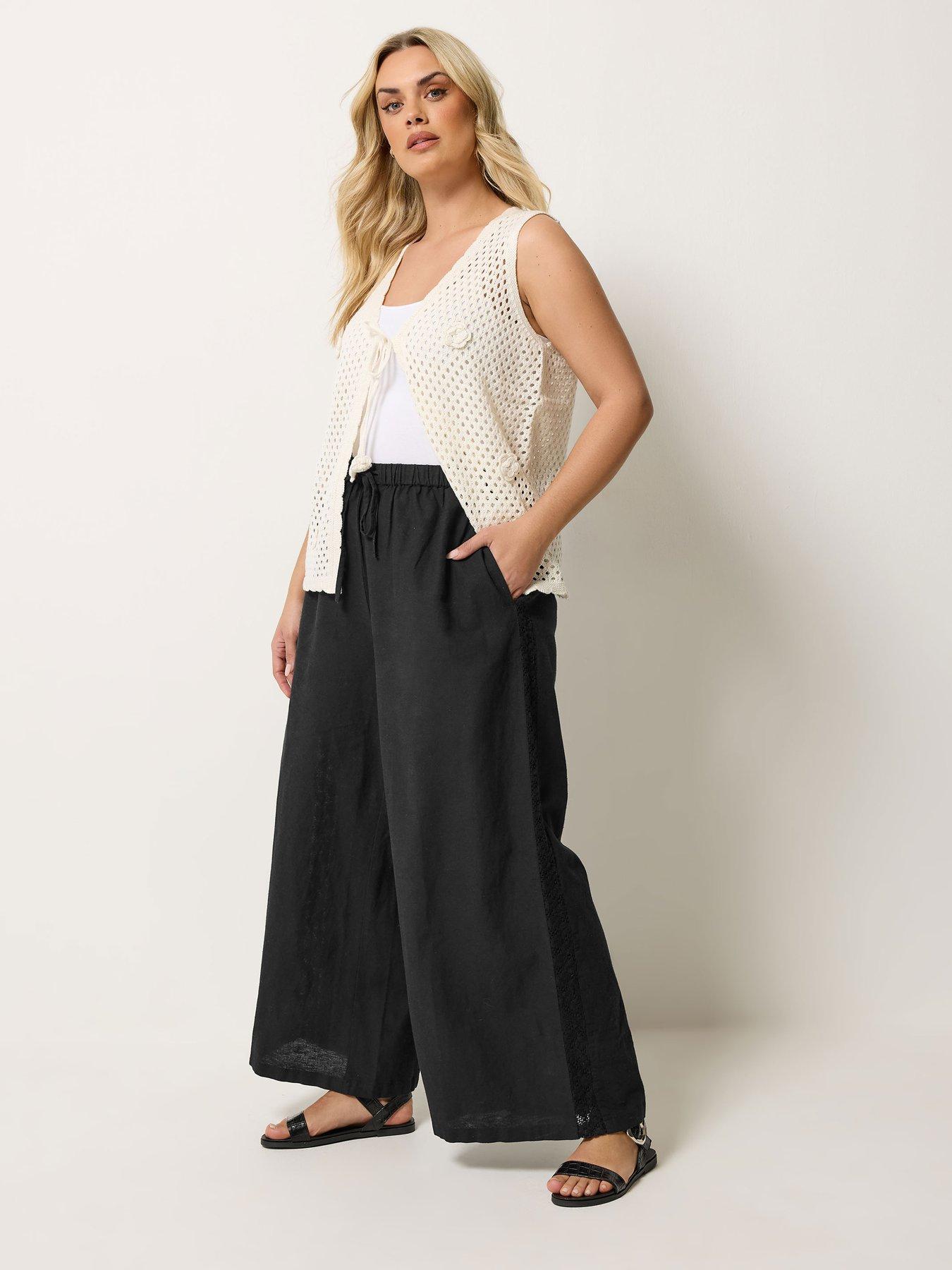 Image 3 of 5 of Yours Curve Crochet Detail Linen Trousers - Black