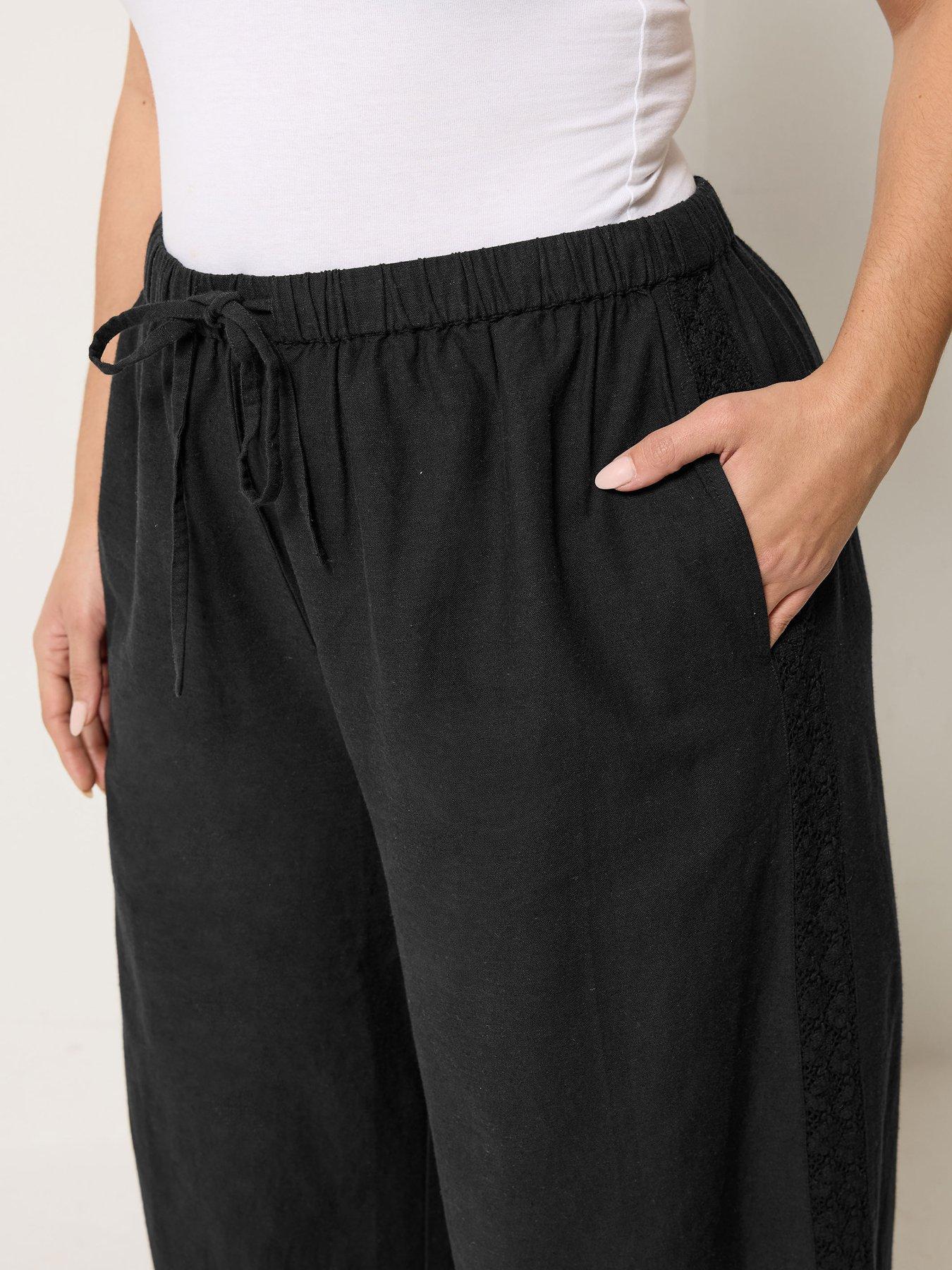 Image 4 of 5 of Yours Curve Crochet Detail Linen Trousers - Black