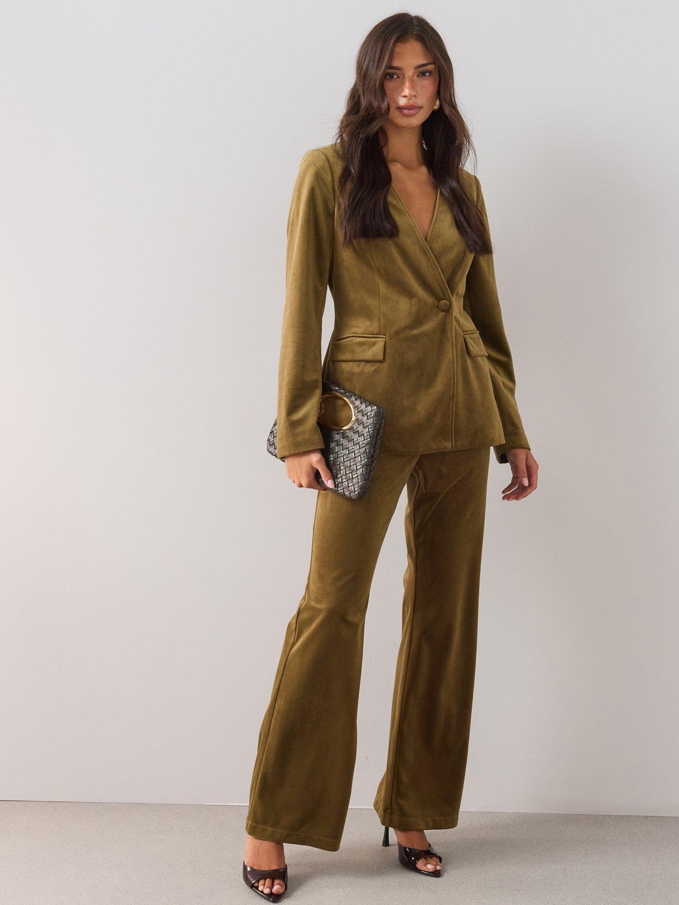 Image 1 of 7 of The Very Collection Womens Wide Leg &nbsp;Velvet Trousers - Khaki