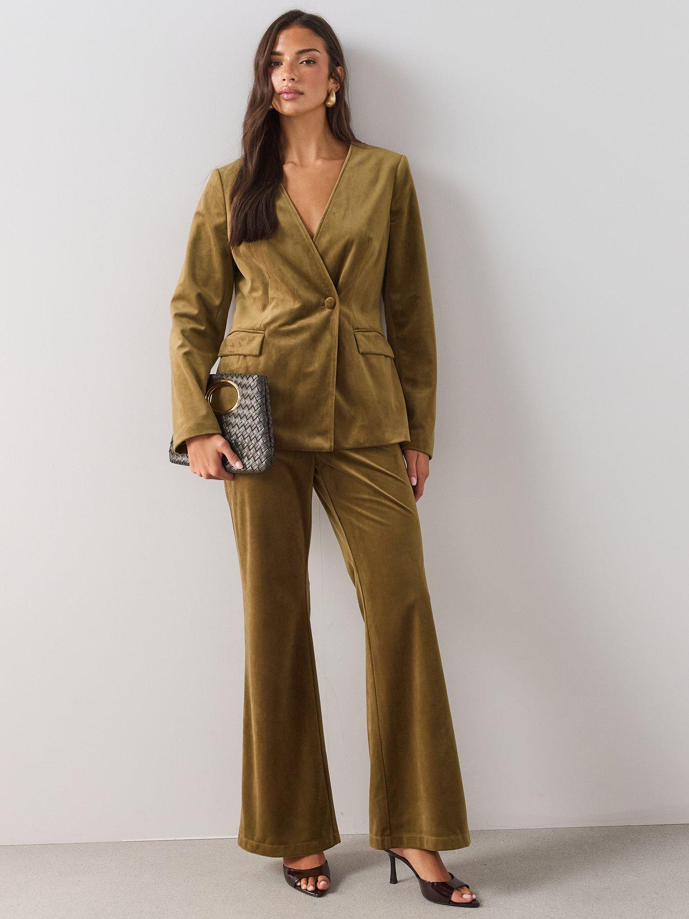 Image 3 of 7 of The Very Collection Womens Wide Leg &nbsp;Velvet Trousers - Khaki