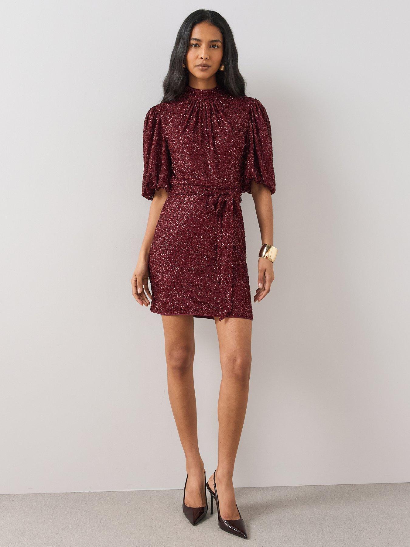 Image 1 of 5 of The Very Collection Beaded Puff Sleeve Belted Mini Dress