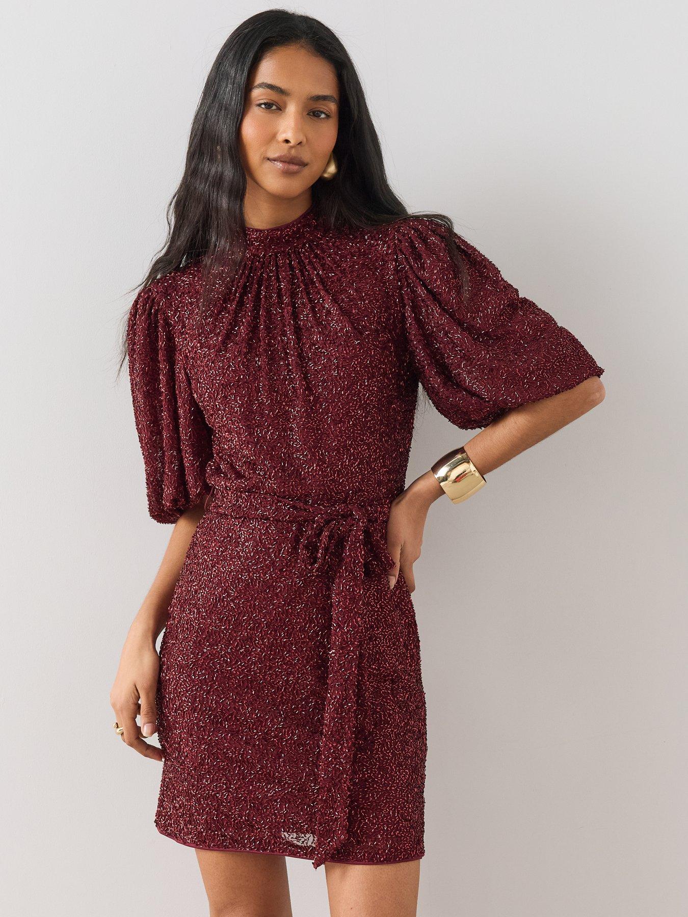 Image 4 of 5 of The Very Collection Beaded Puff Sleeve Belted Mini Dress