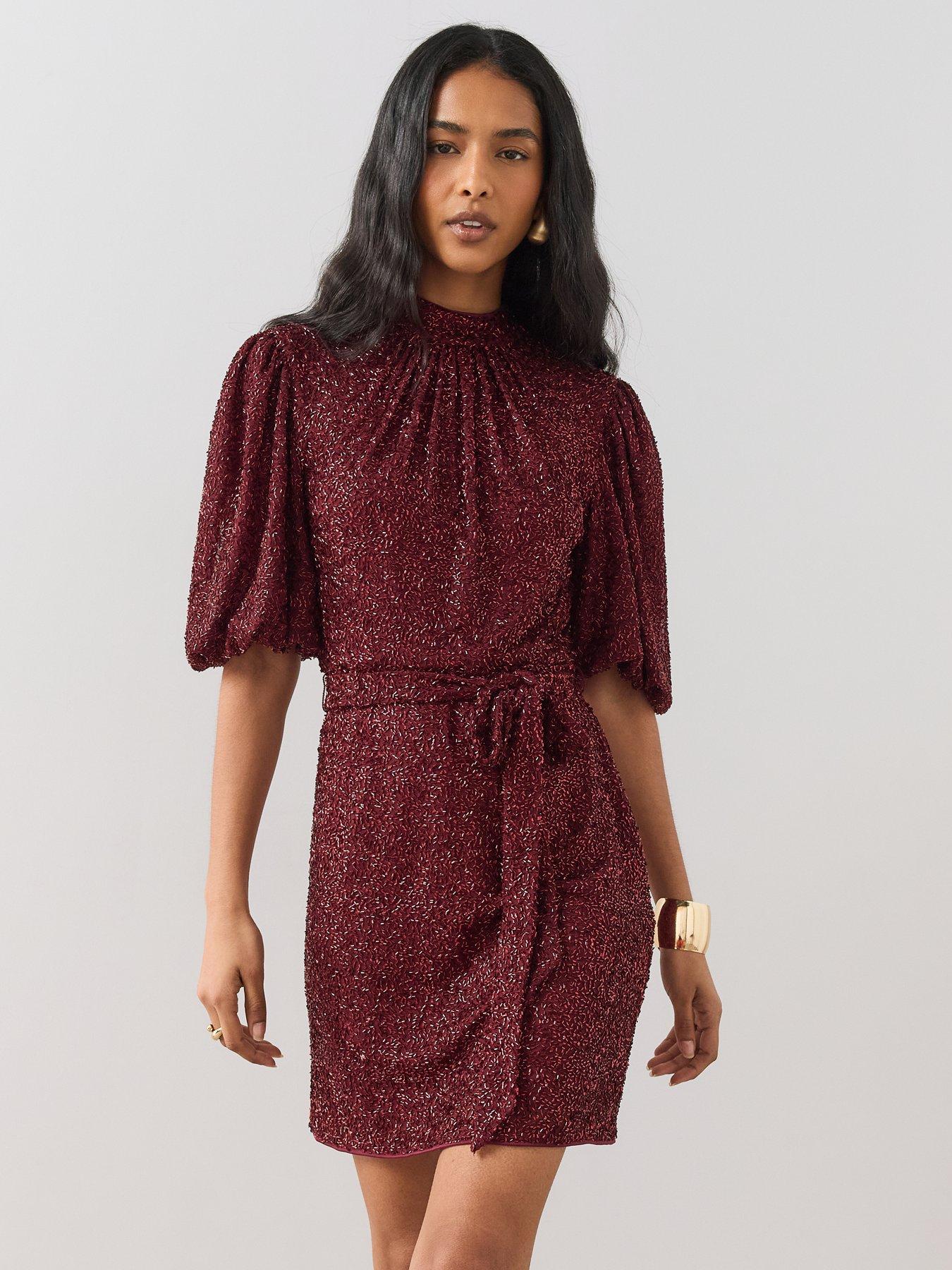 Image 5 of 5 of The Very Collection Beaded Puff Sleeve Belted Mini Dress