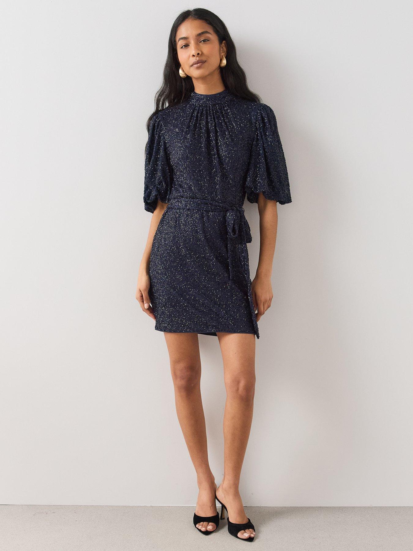 Image 3 of 7 of The Very Collection Beaded Puff Sleeve Belted Mini Dress