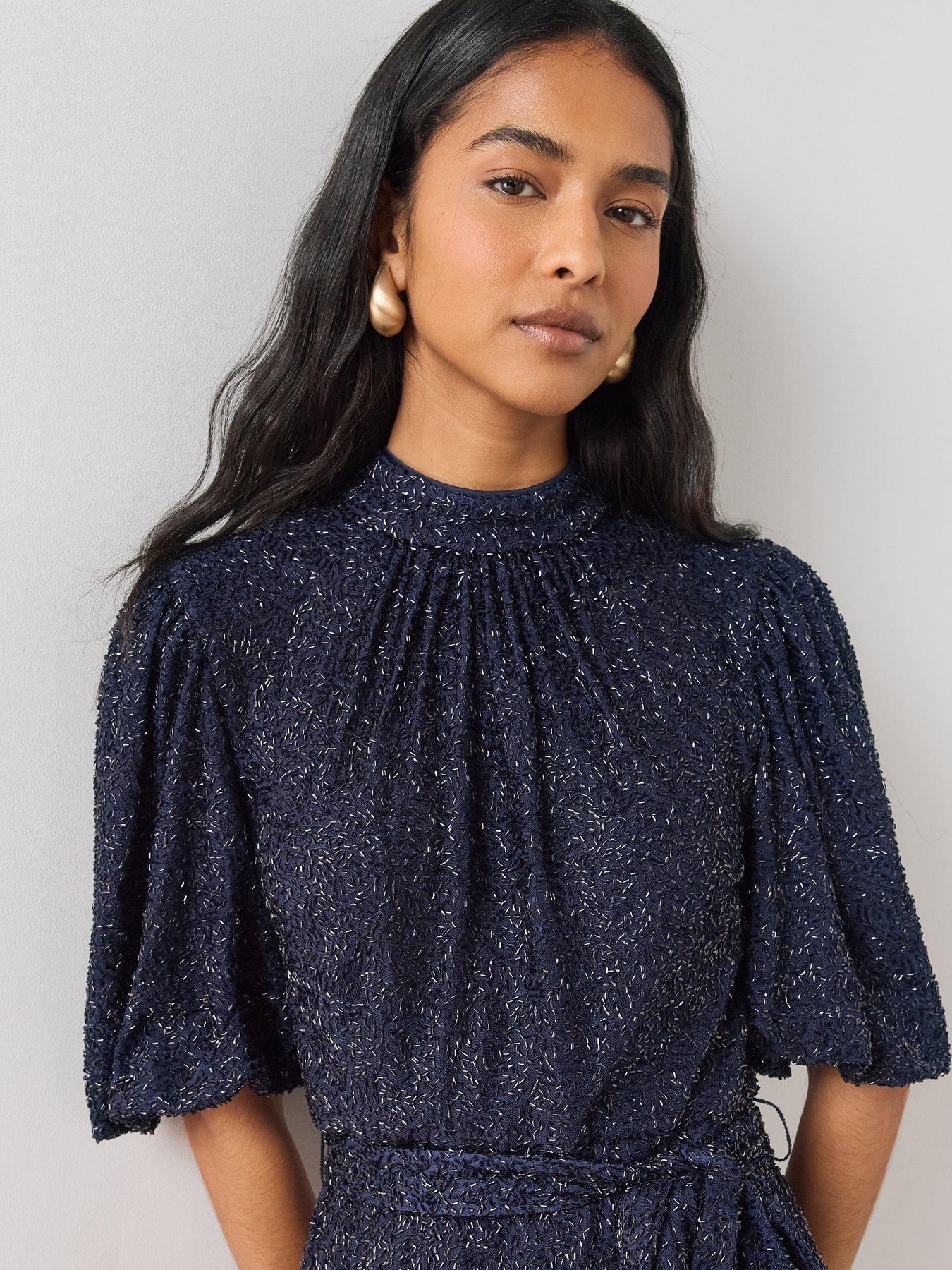 Image 4 of 7 of The Very Collection Beaded Puff Sleeve Belted Mini Dress
