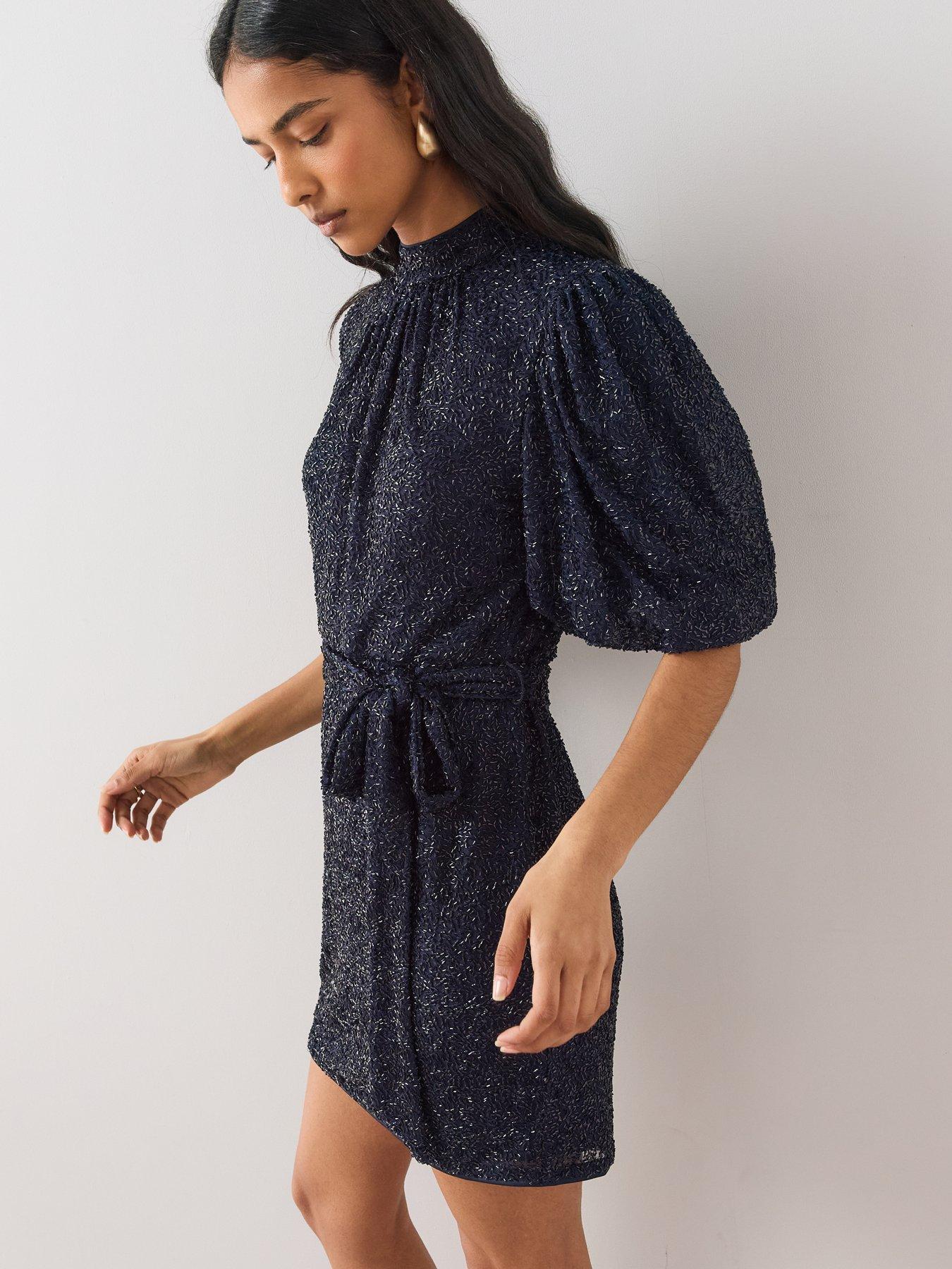 Image 5 of 7 of The Very Collection Beaded Puff Sleeve Belted Mini Dress