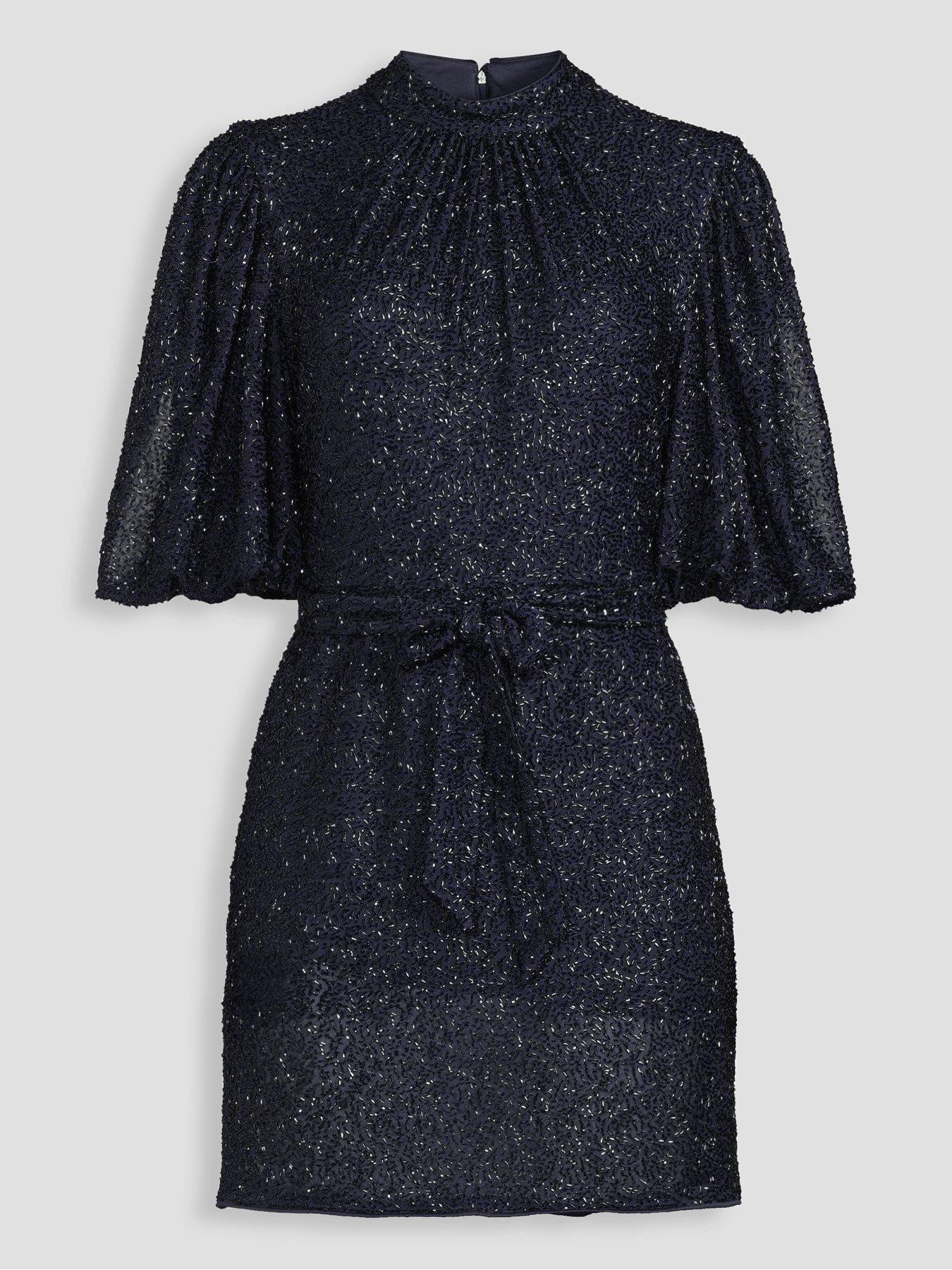 Image 7 of 7 of The Very Collection Beaded Puff Sleeve Belted Mini Dress