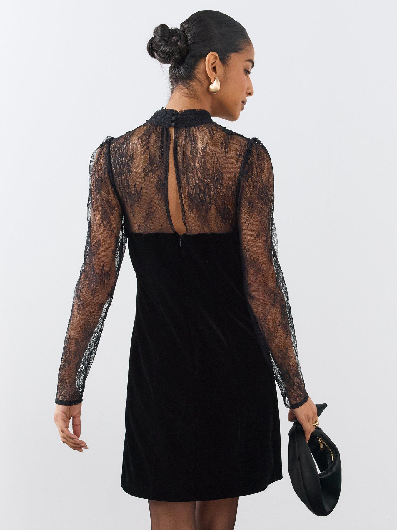 Image 2 of 6 of The Very Collection Womens Lace High Neck Velvet Mini Dress - Black