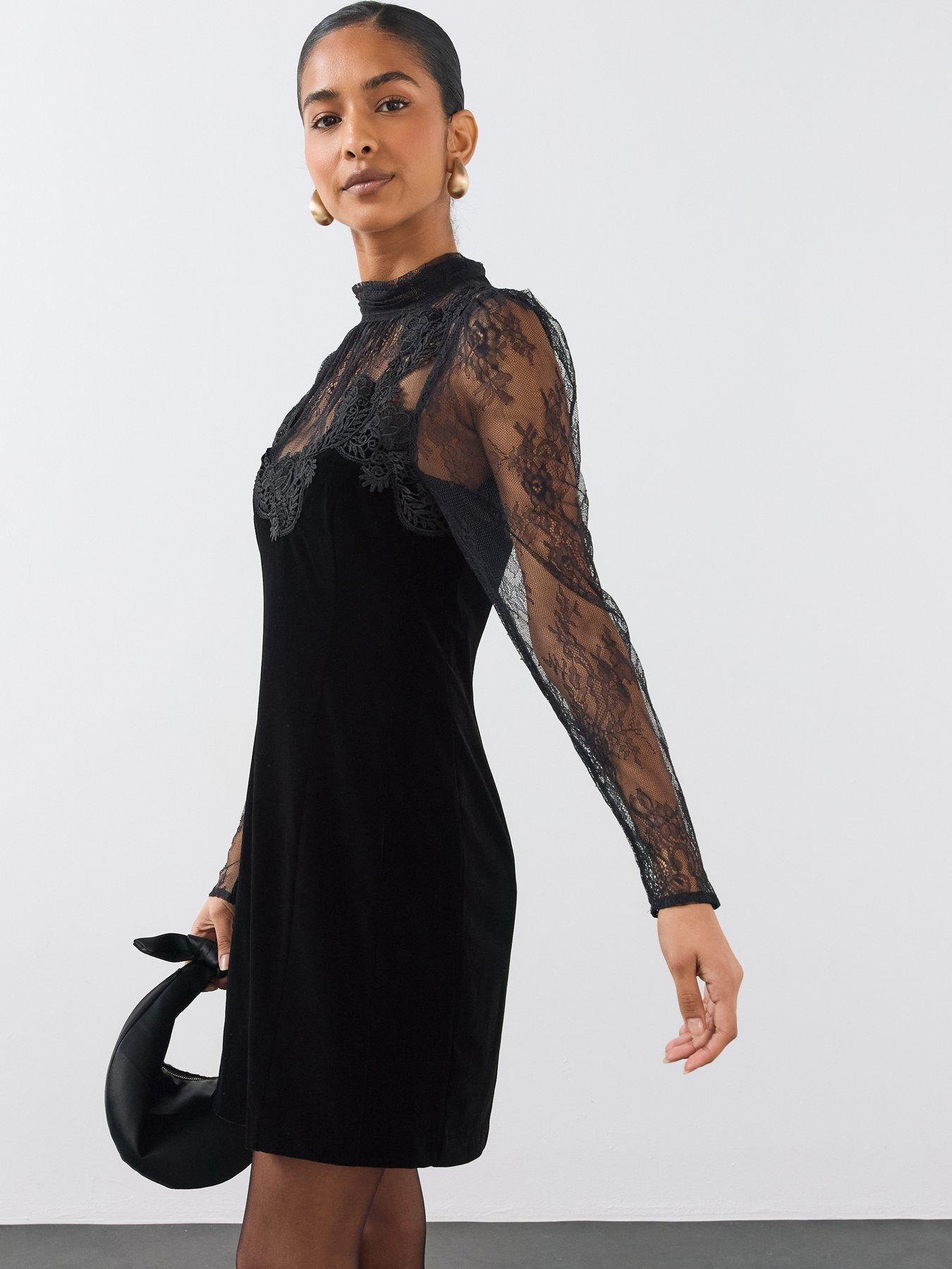 Image 4 of 6 of The Very Collection Womens Lace High Neck Velvet Mini Dress - Black