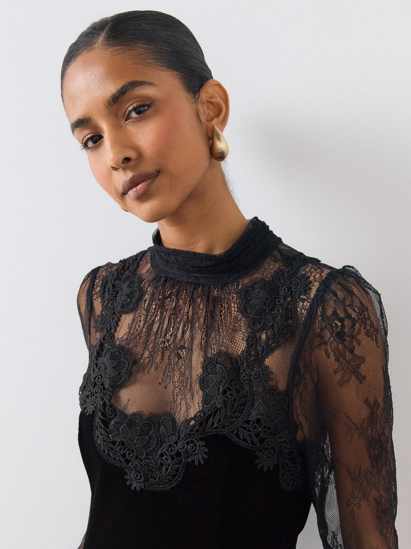 Image 5 of 6 of The Very Collection Womens Lace High Neck Velvet Mini Dress - Black