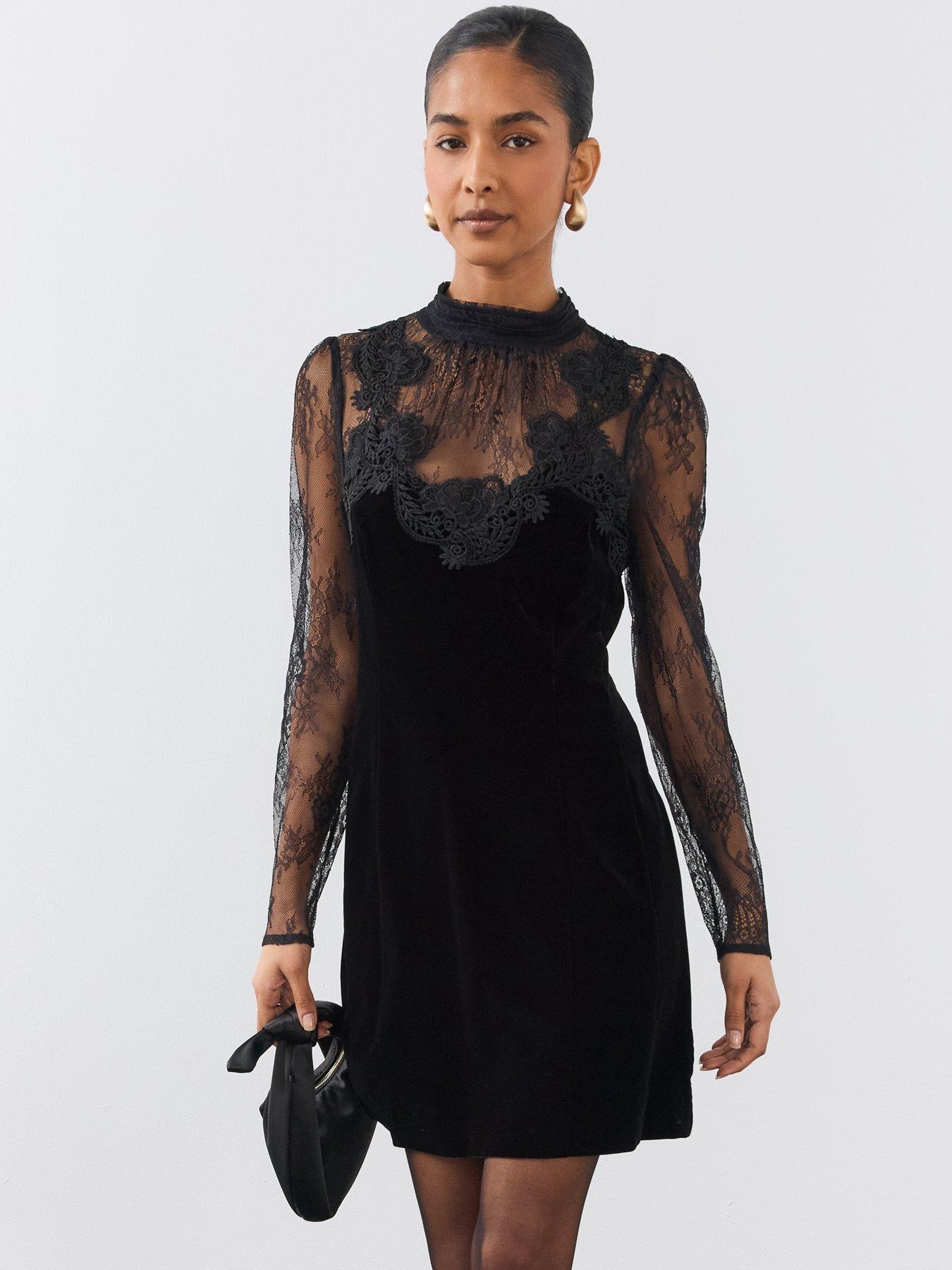 Image 6 of 6 of The Very Collection Womens Lace High Neck Velvet Mini Dress - Black