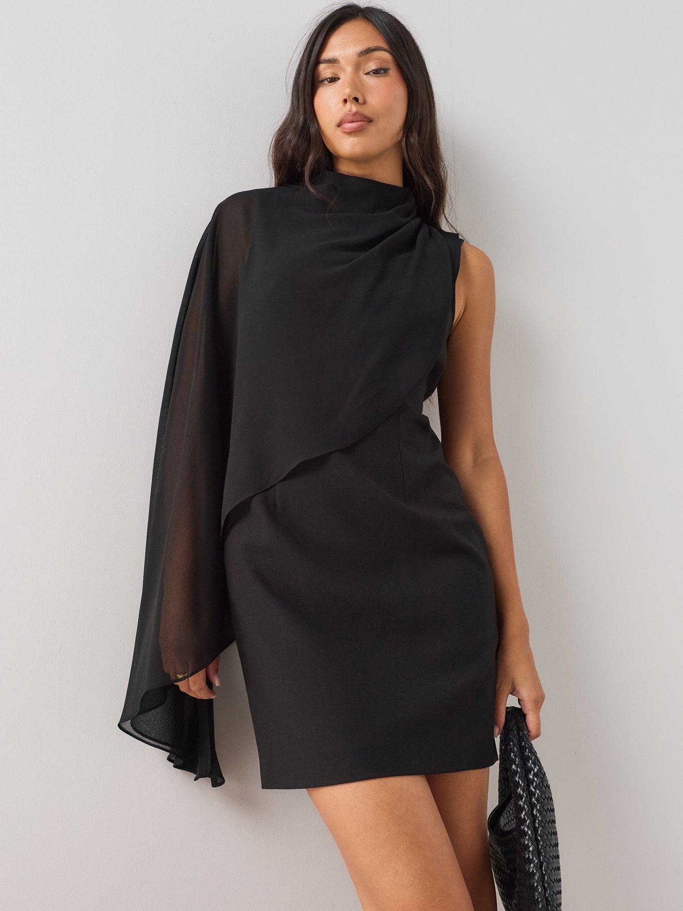 Image 4 of 7 of The Very Collection Womens One Shoulder Chiffon Overlay Mini Dress - Black