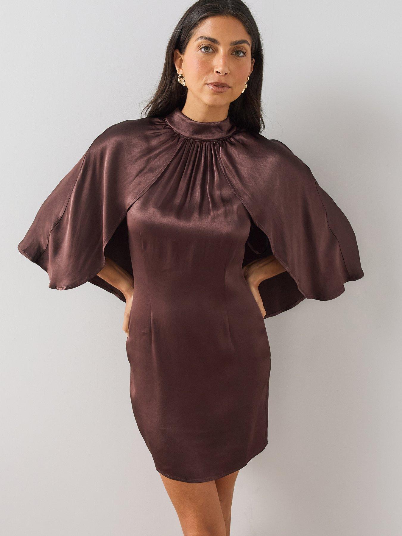 Image 1 of 7 of The Very Collection Womens Teatro Satin-Look Cape Detail Mini Dress - Brown
