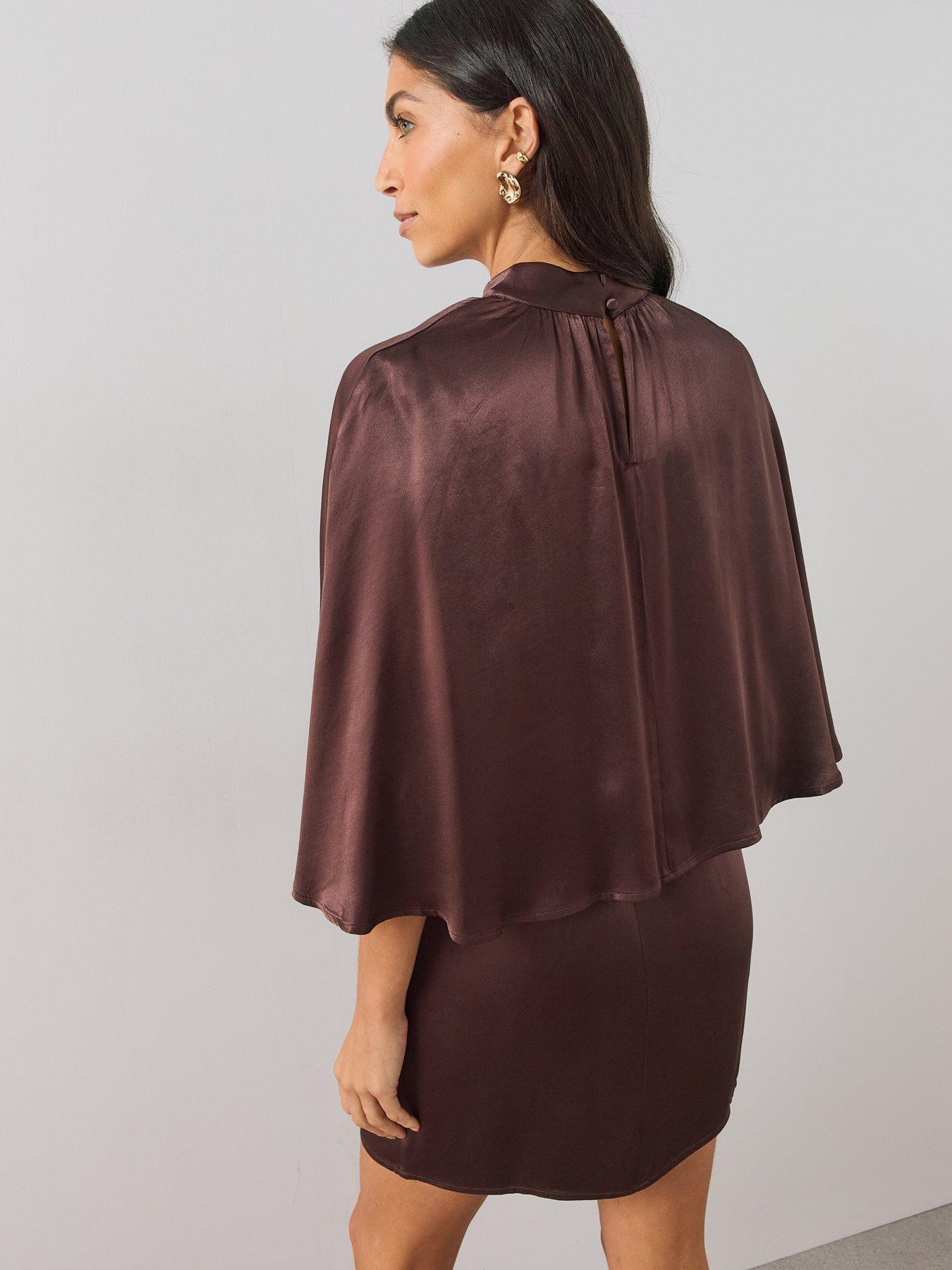 Image 2 of 7 of The Very Collection Womens Teatro Satin-Look Cape Detail Mini Dress - Brown
