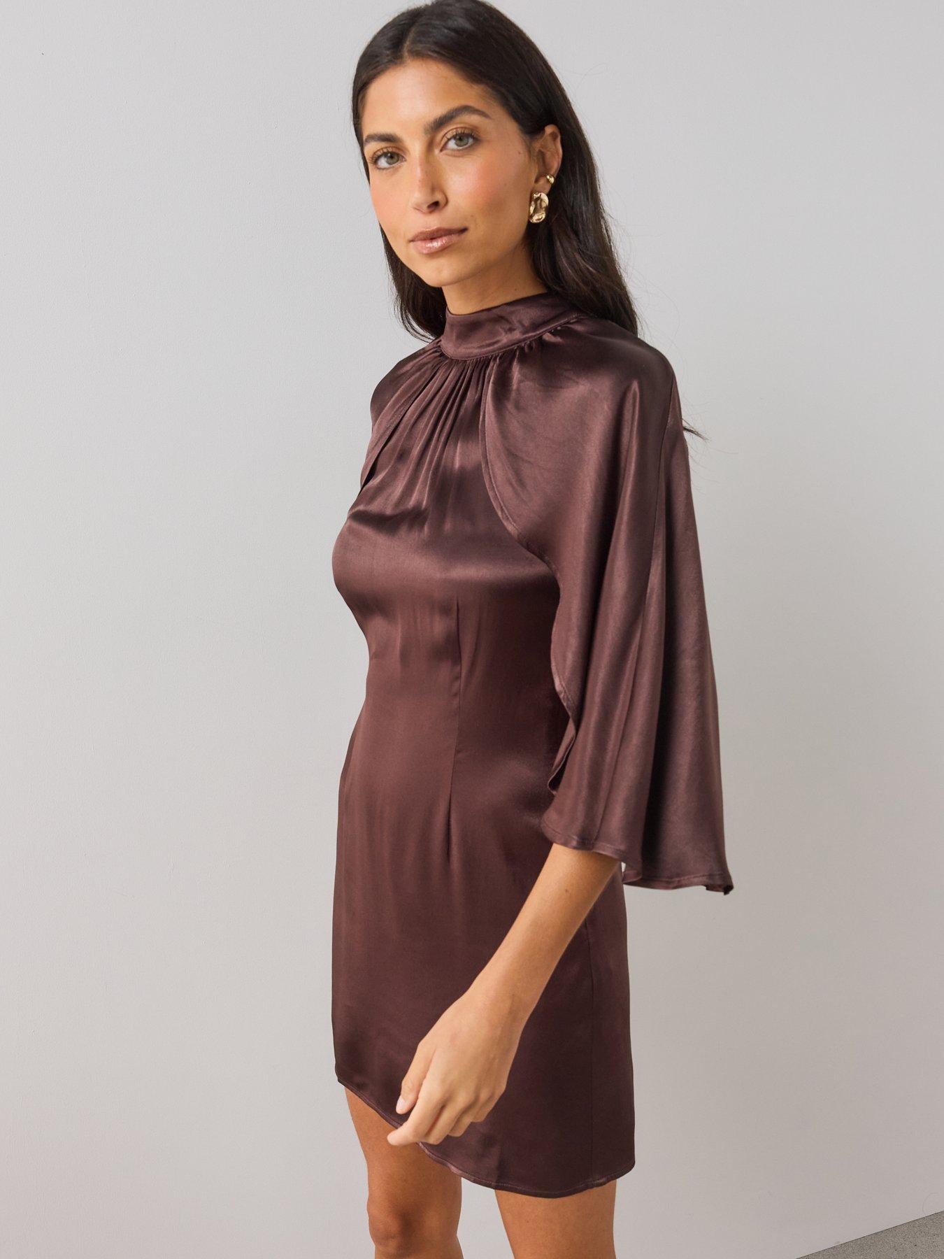 Image 5 of 7 of The Very Collection Womens Teatro Satin-Look Cape Detail Mini Dress - Brown