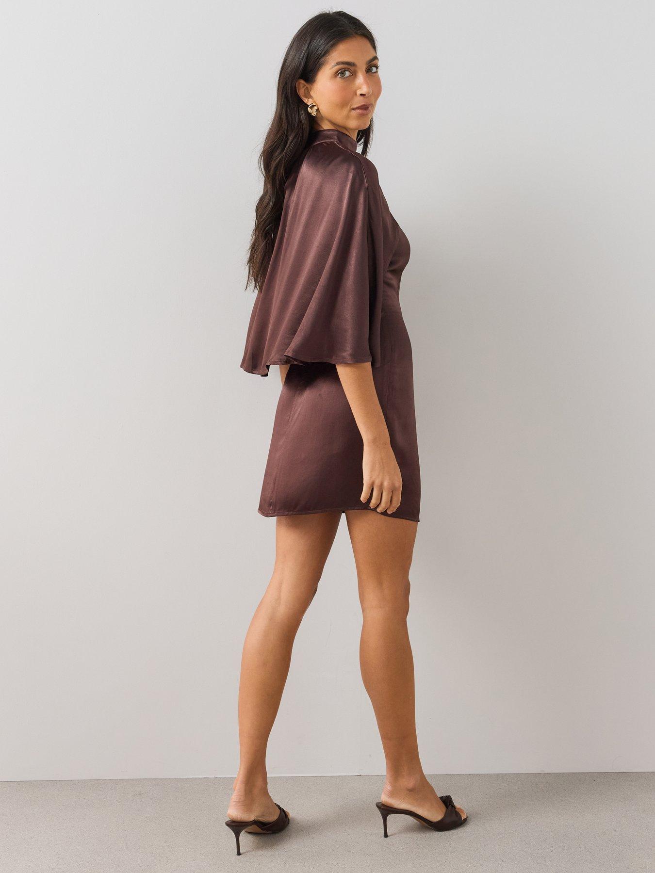 Image 6 of 7 of The Very Collection Womens Teatro Satin-Look Cape Detail Mini Dress - Brown