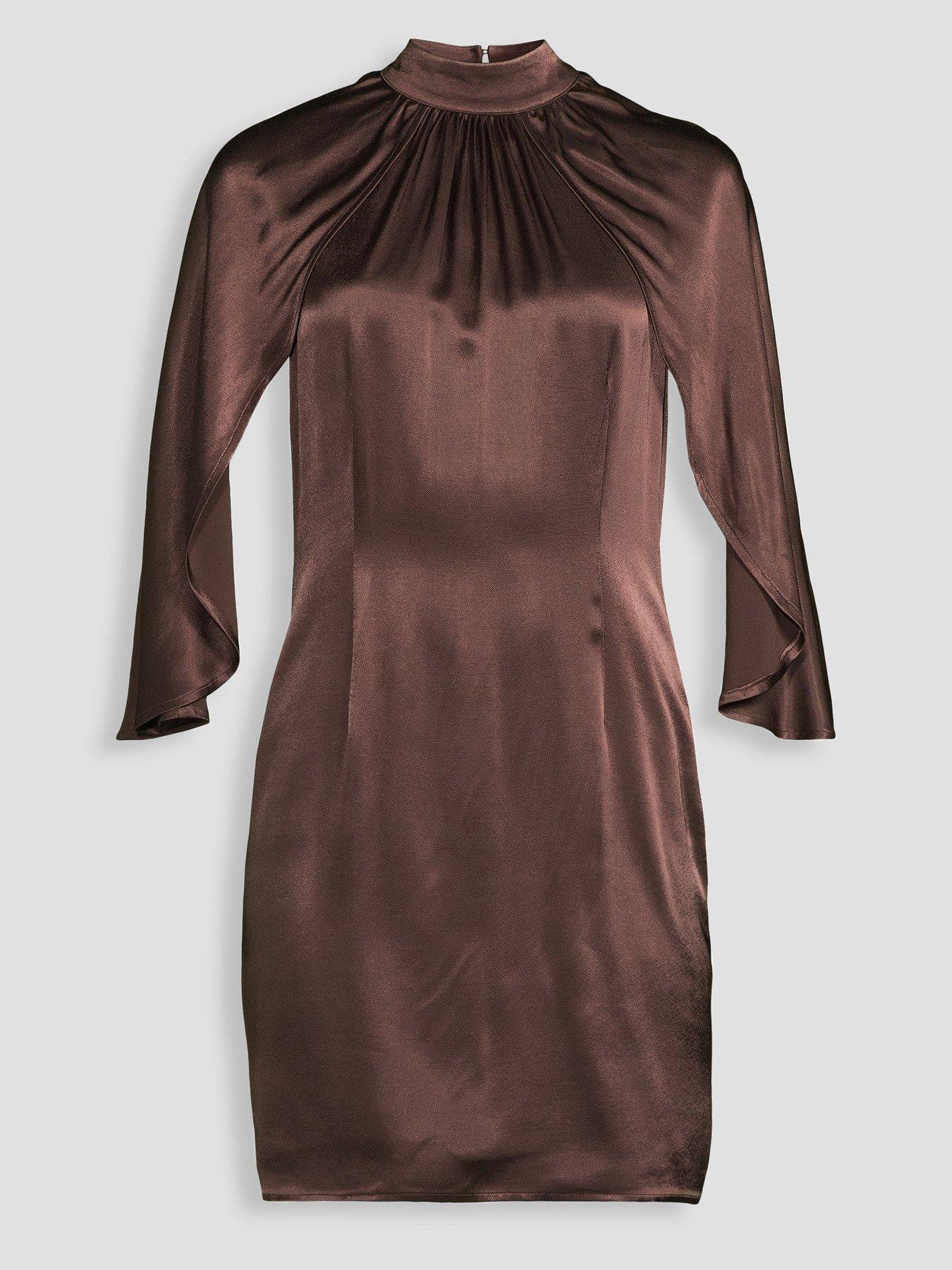 Image 7 of 7 of The Very Collection Womens Teatro Satin-Look Cape Detail Mini Dress - Brown