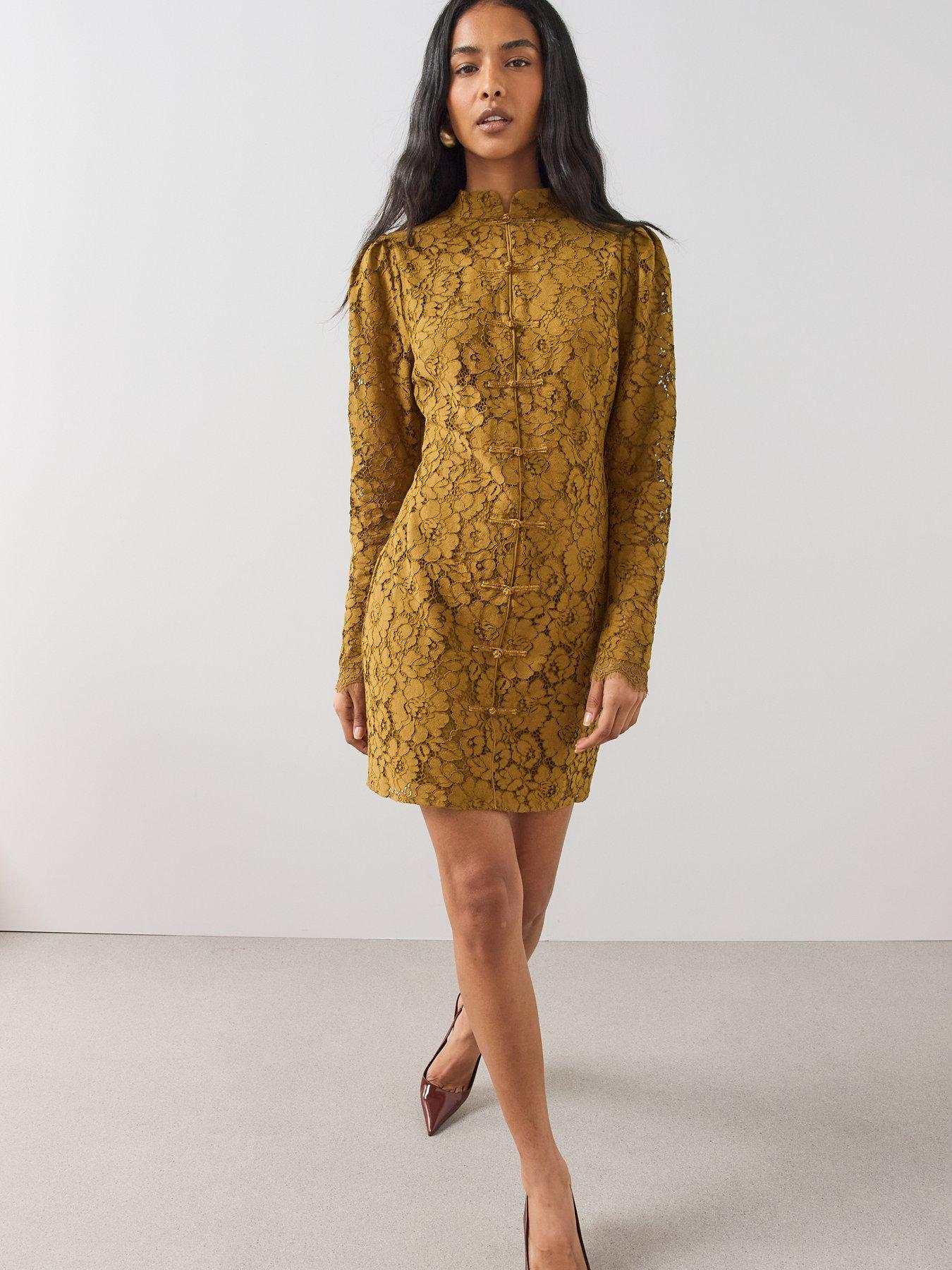 Image 5 of 7 of The Very Collection High Neck Button Through Lace Mini Dres