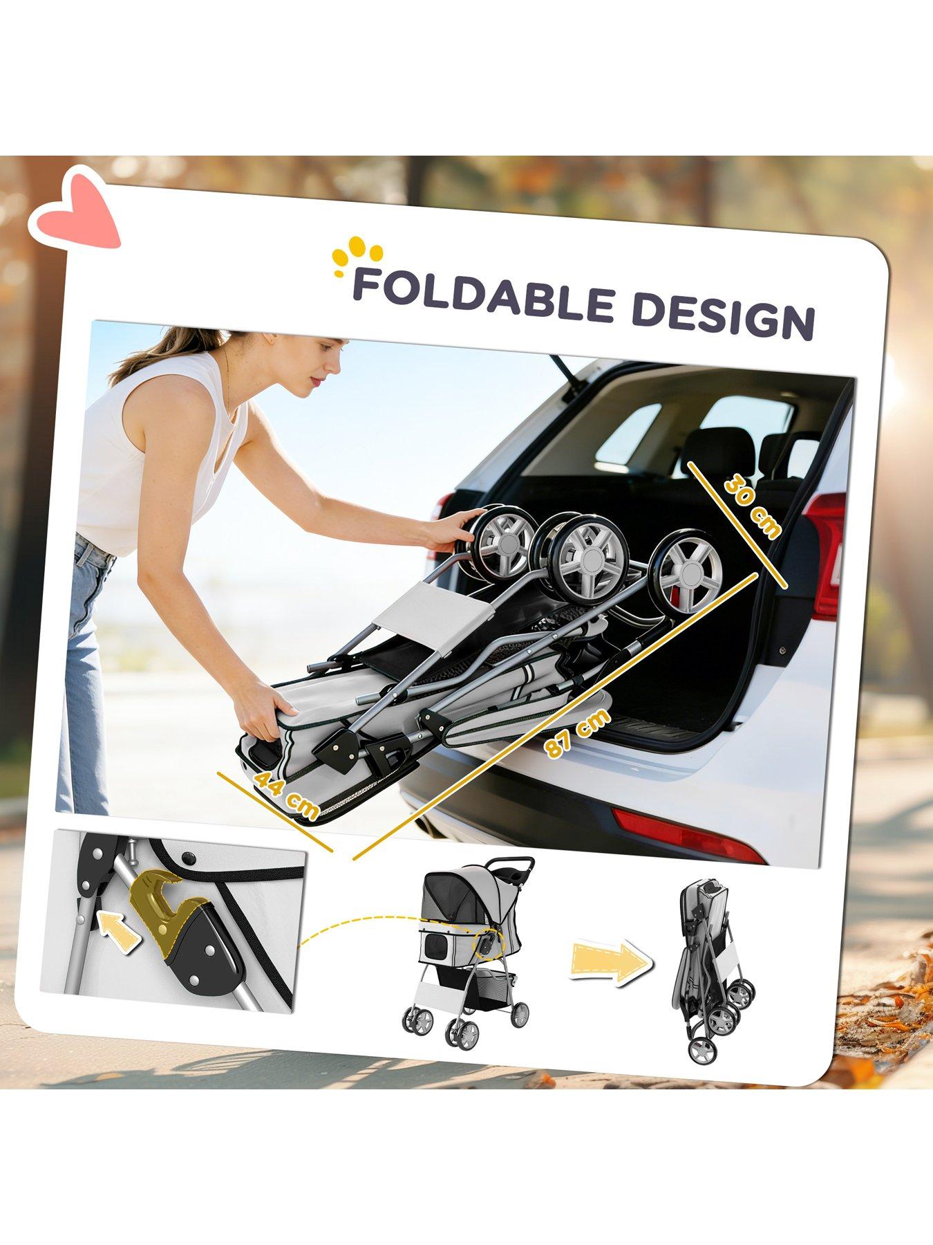 Image 5 of 7 of PawHut PawHut Pet Stroller for Small Dogs Cats Foldable Travel Carriage with Wheels Zipper Entry Cup Holder Storage Basket Grey
